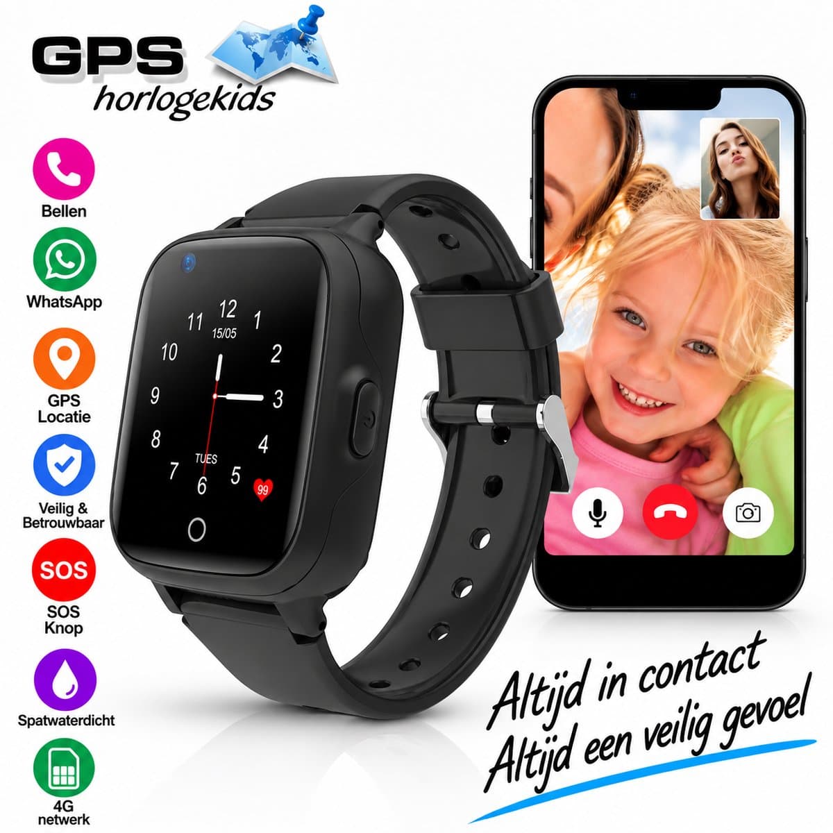 GPSHorlogeKids - GPS horloge kind – smartwatch kinderen – WhatsApp – 4G videobellen – spatwaterdicht – GPS tracker – SOS alarm – incl. simkaart en online installatie hulp – Fox Zwart