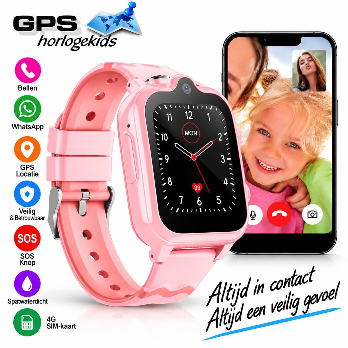 GPSHorlogeKids© - GPS horloge kind - smartwatch kinderen - WhatsApp - 4G videobellen - spatwaterdicht - SOS alarm - Dual Camera - gezichtsherkenning - incl. SIM - DUO Roze