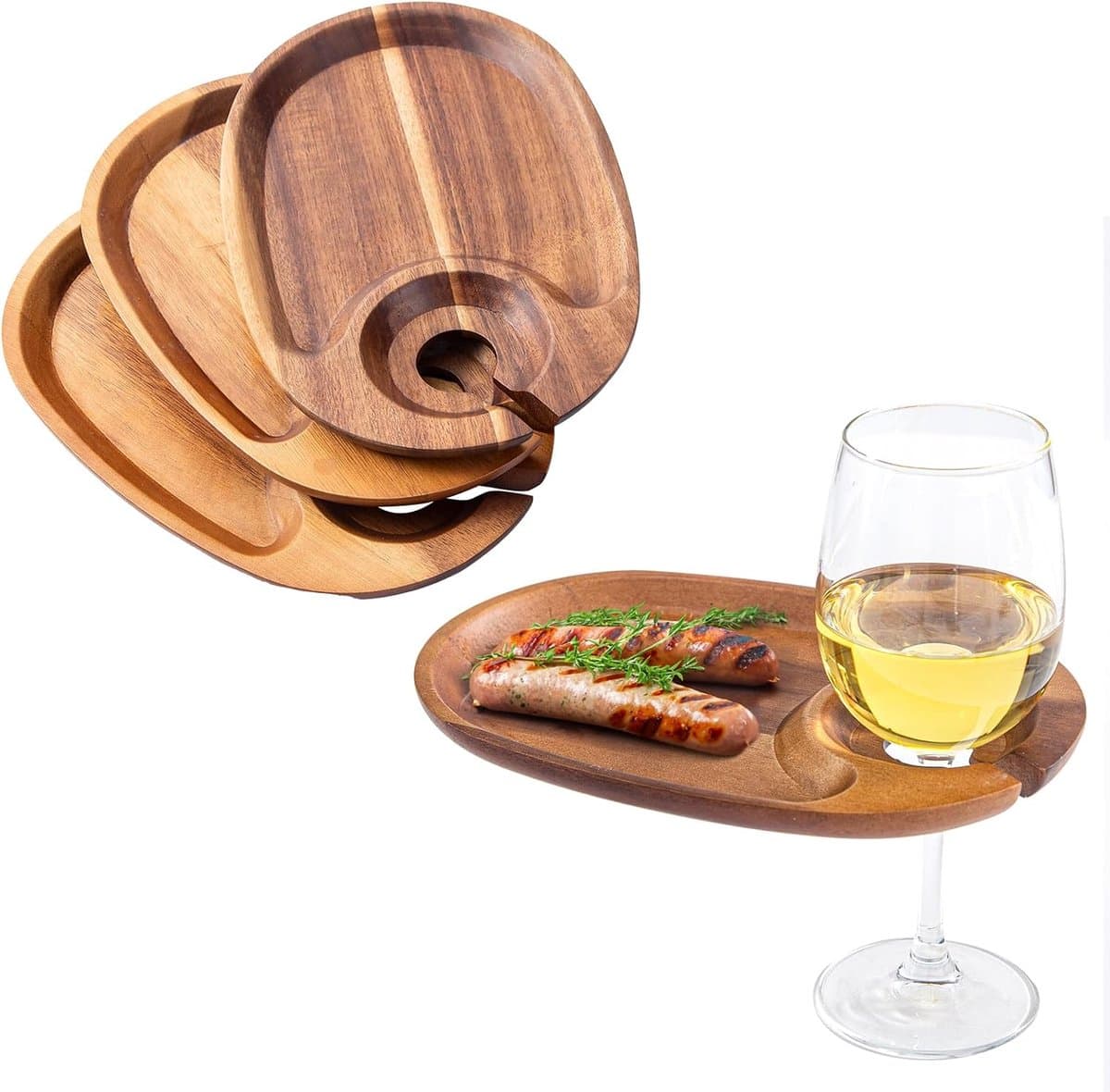 Dienblad - Borden - Acaciahouten Borrelplankjes met Wijnglashouder - Individuele Snackplankjes voor Kaas en Charcuterie - 23,2x15,2x1,5 cm - 4 stuks