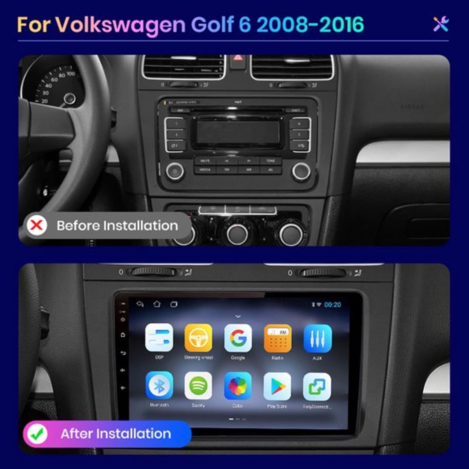 Autoradio Dubbel Din 9 Inch WiFi 4G 6GB RAM 128GB ROM - Android 13 Systeem - 4x45W DSP - Voor Volkswagen Golf 6 2008-2016