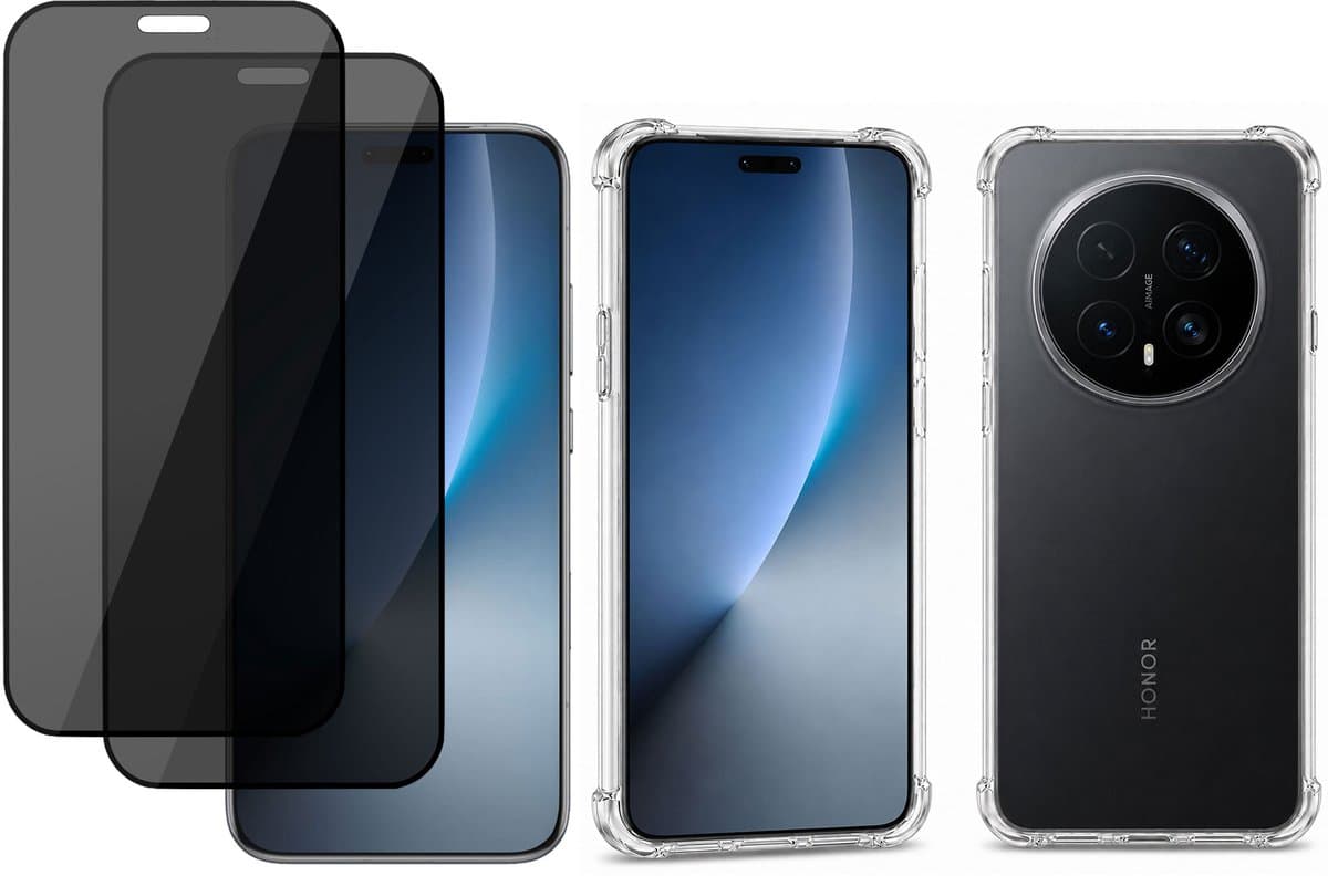Hoesje met 2x Privacy Screenprotector - Geschikt voor Honor Magic 8 Pro - Extreme Shockproof - Anti Inkijk - Tempered Glass - Transparant