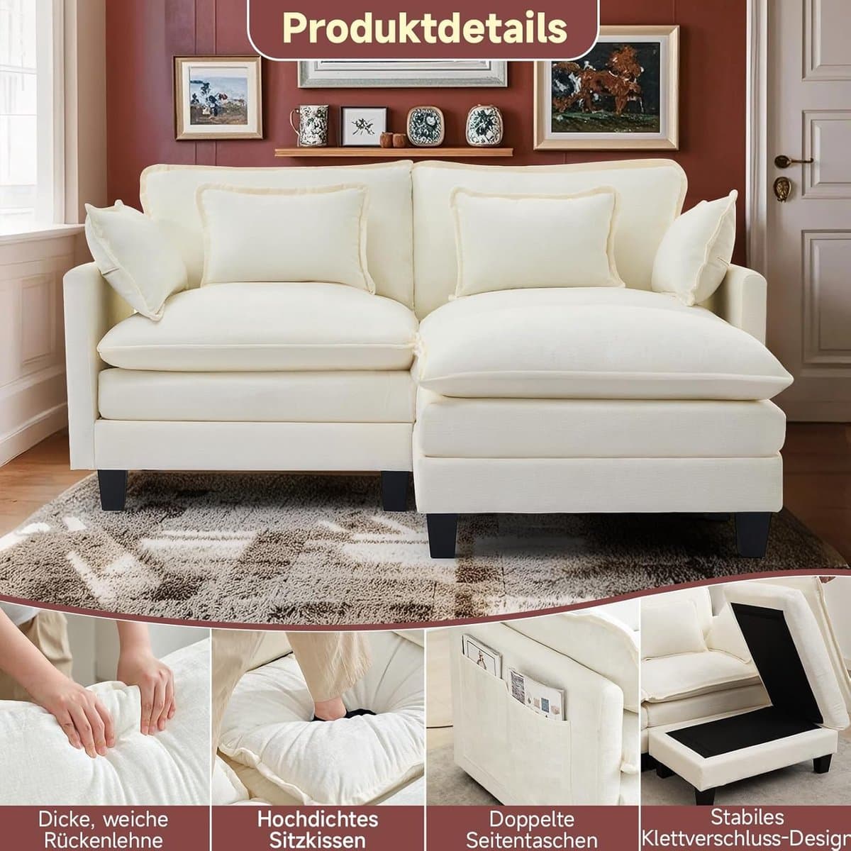 Luxe Modulaire Hoekbank in L-vorm met Beweegbare Voetenbank – Extra Diepe Comfortabele Chenille Cloud Sofa met Decoratieve Kussens, 278x140x66 cm, Beige