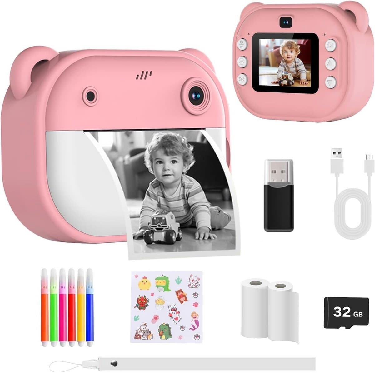 Digitale Kindercamera met Directprint en 32GB Kaart - Cadeau voor Jongens en Meisjes