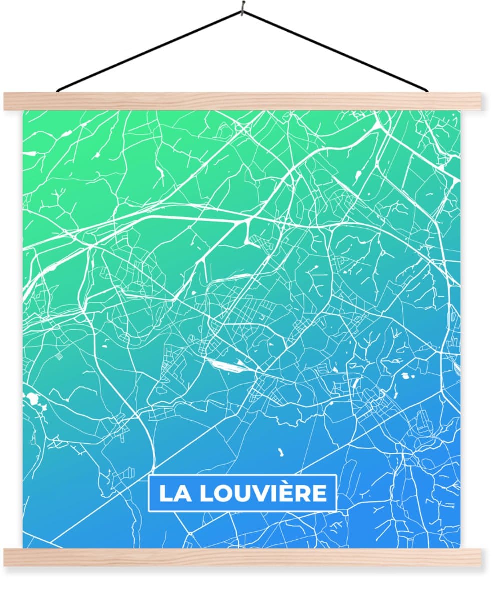 Posterhanger incl. Poster 40x40 cm - Schoolplaat - Stadskaart - België - La Louvière - Blauw - Textielposter - Blanke latten
