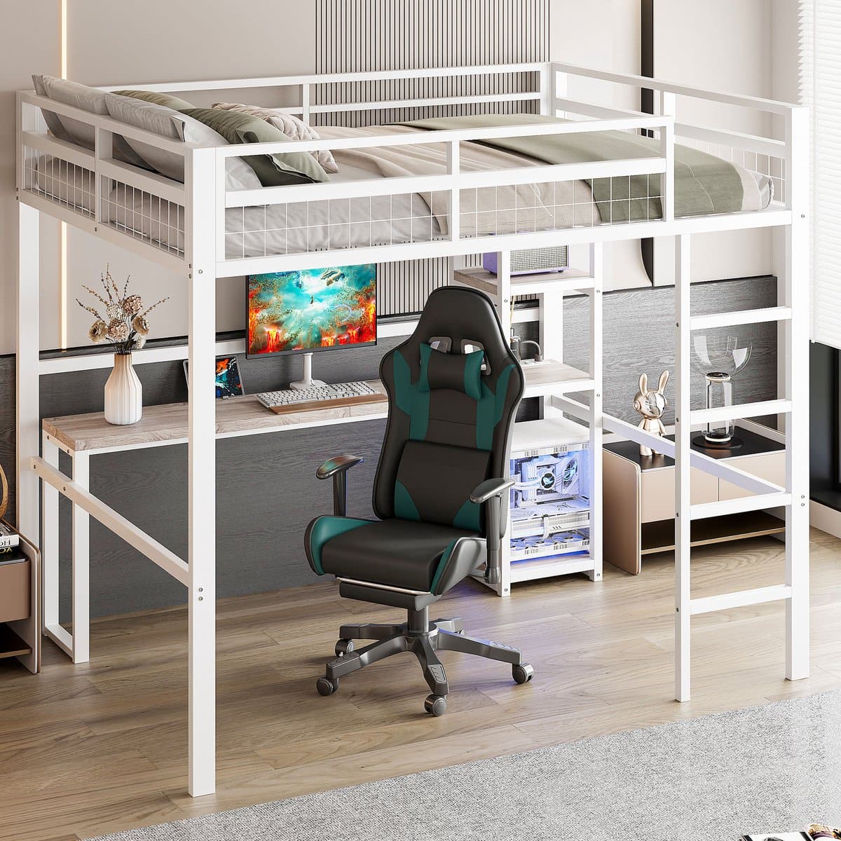 Wishdor – Hoogslaper 140x200 cm – Met Bureau & Stopcontact (USB/Type-C) – Inclusief Opbergrekken – Smart Design – Metaal & MDF – Wit
