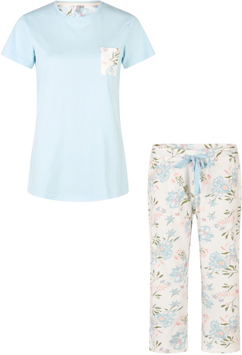 By Louise Dames Capri Pyjama Set Driekwart Blauw/Wit Gebloemd - Maat XXL