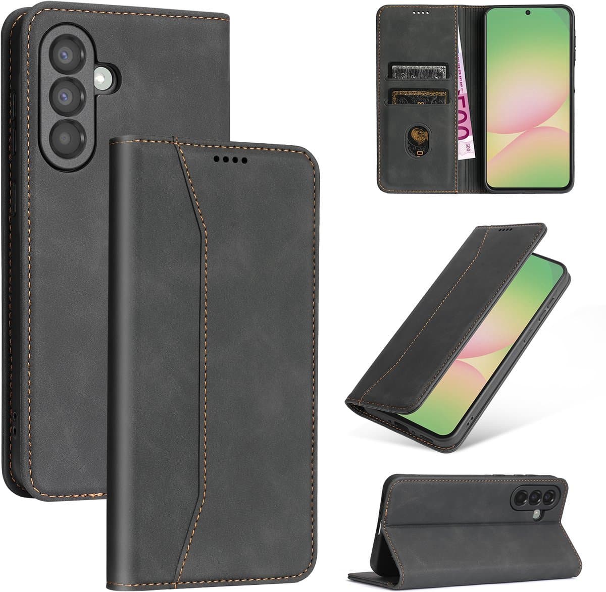 Podec Hoesje met Pasjeshouder geschikt voor Samsung Galaxy A36 - Zwart Telefoonhoesje - Anti-Shock Bookcase Cover met 1x Screenprotector
