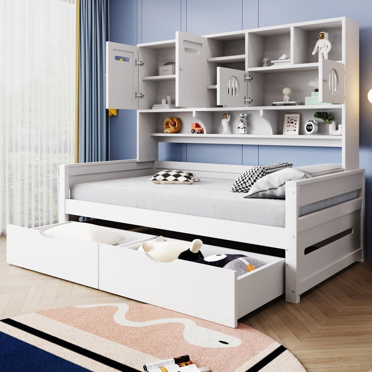MIVRAY Slaapbankbed 90x200 Cm Zonder Matras - Eenpersoonsbed Met Opbergkasten En 2 Lades - Met Lattenbodem - Hout - Wit