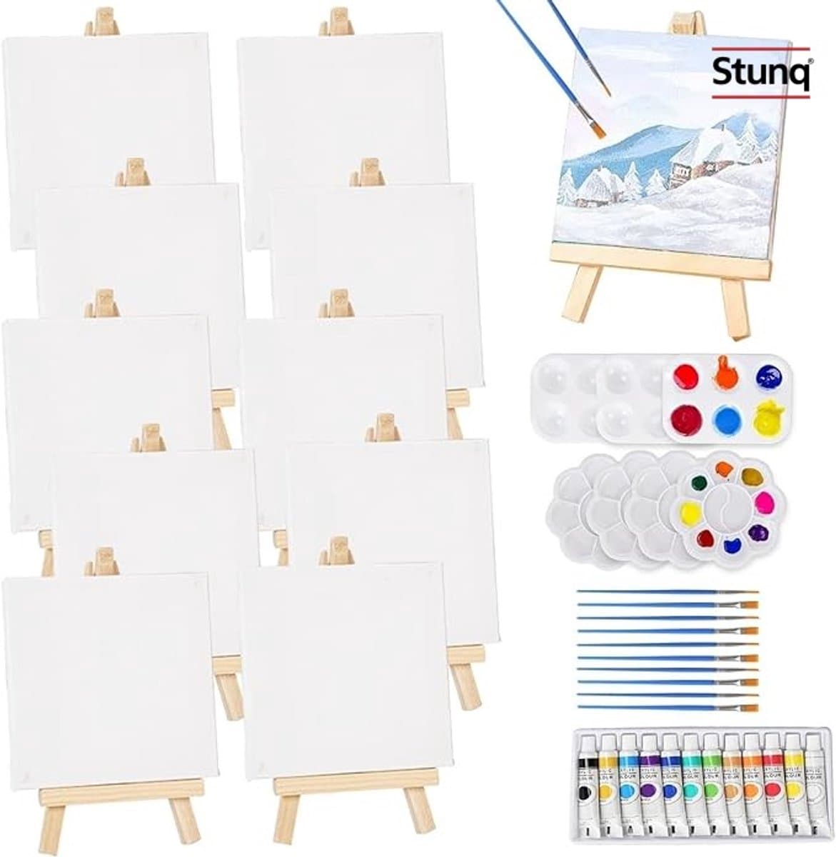 Complete mini-schilderset met houten ezels en canvas voor creatieve kunstwerken