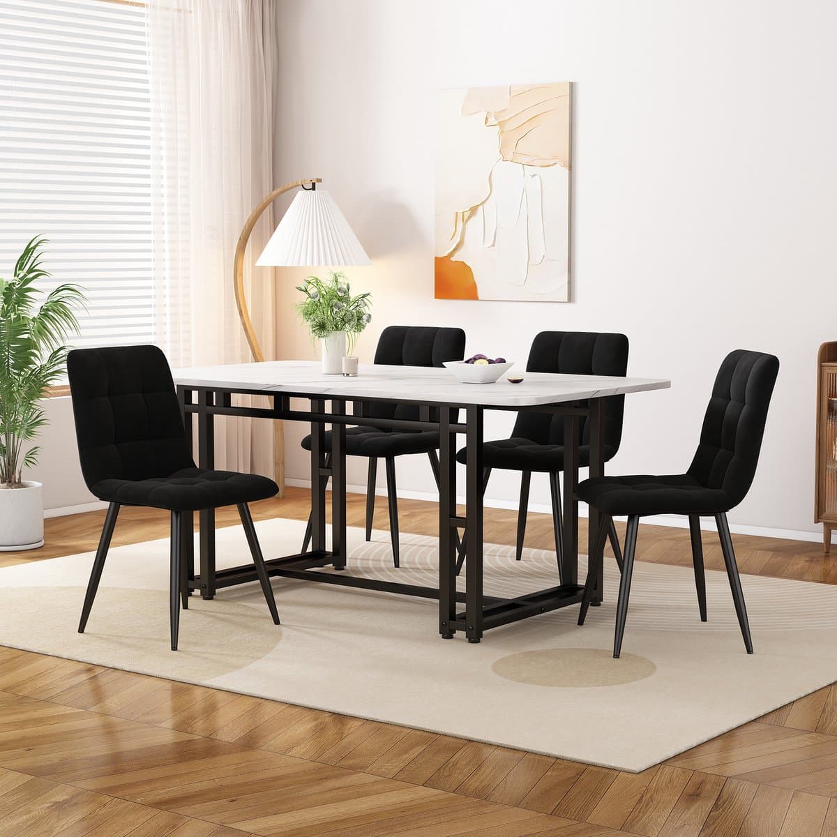 MODFU - Eetkamerset - Met 1 Tafel En 4 Stoelen - Modern - Voor Eetkamer Of Woonkamer - MDF En Fluweel - Zwart - 120 Cm