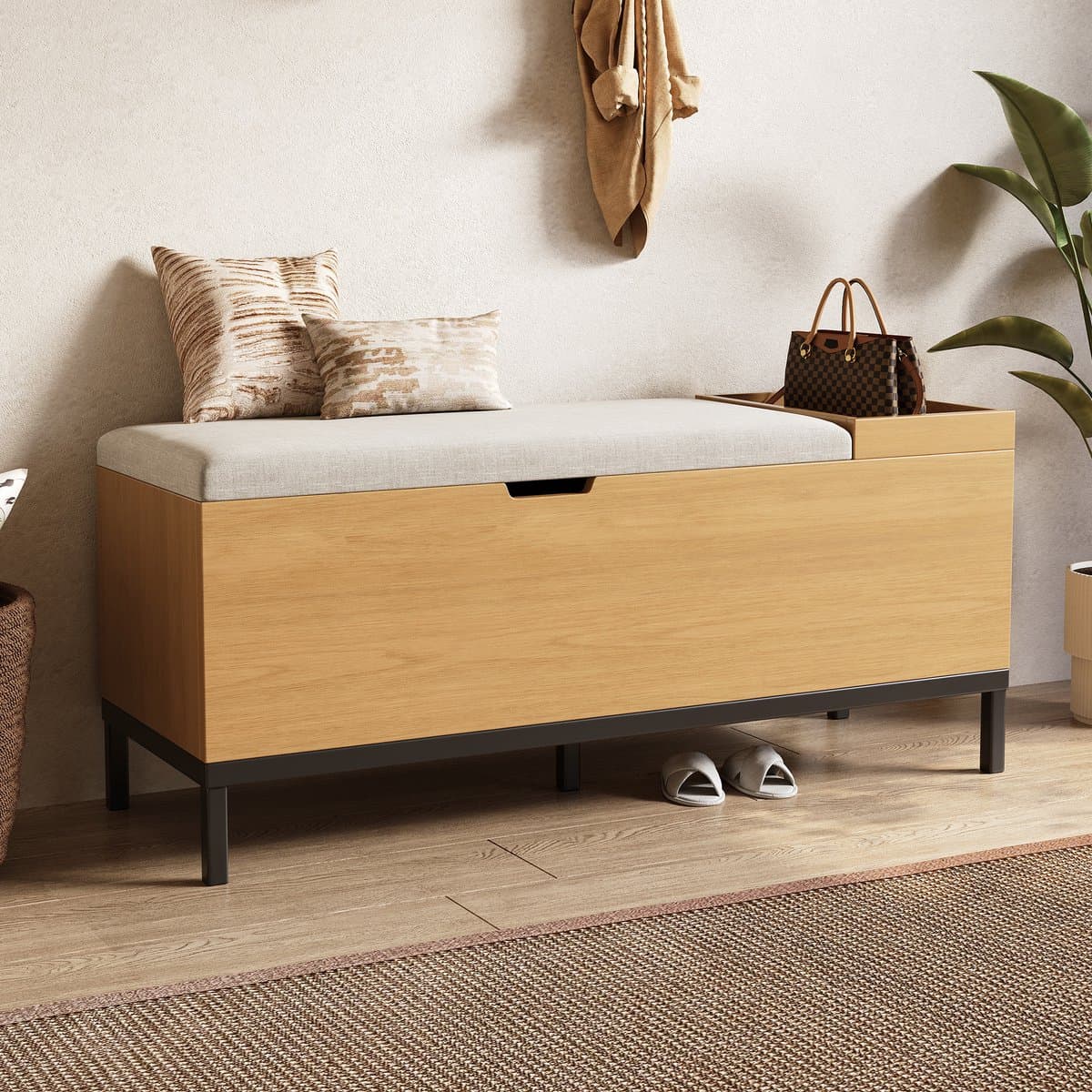 HAUSS SPOLE Opbergbank - Gestoffeerde Zitbank Met Deksel En Kantelbeveiliging - Met Opbergruimte Voor Hal En Woonkamer - MDF - 115x40x49.5 Cm - Natural