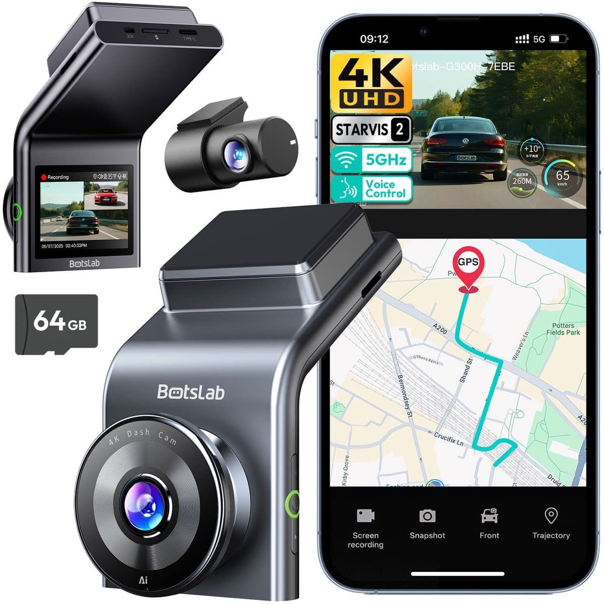 Botslab G300H Plus Dashcam - 4K resolutie + FullHD achtercamera - Night vision met Sony Starvis 2 sensor - App bediening met Wifi - GPS ingebouwd - 2,0 inch LCD - inclusief 64gb Micro SD kaart