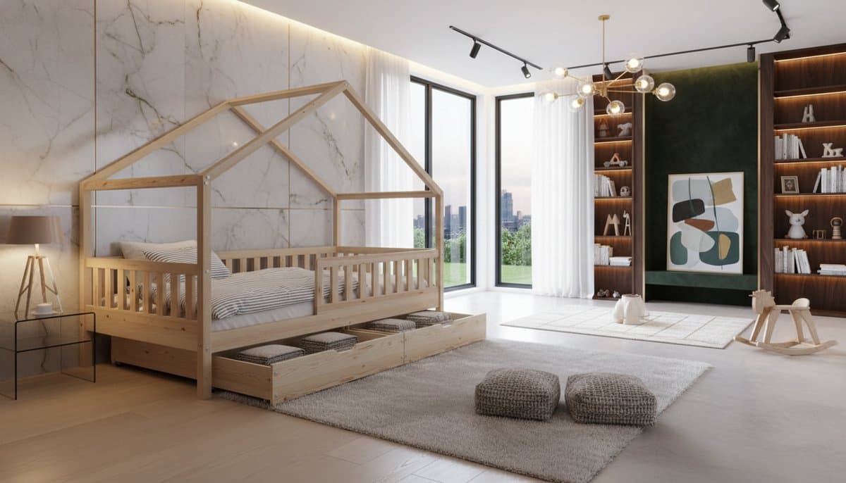Cabin Bed met Lades 190x100 cm Kinderbed – Montessori Vloerbed met Veiligheidsleuning & Lattenbodem – Huisbed van Massief Grenenhout met 2 Opberglades – Scandinavisch Design Natuurlijk Hout – Casa Velluto Nordic DreamHouse