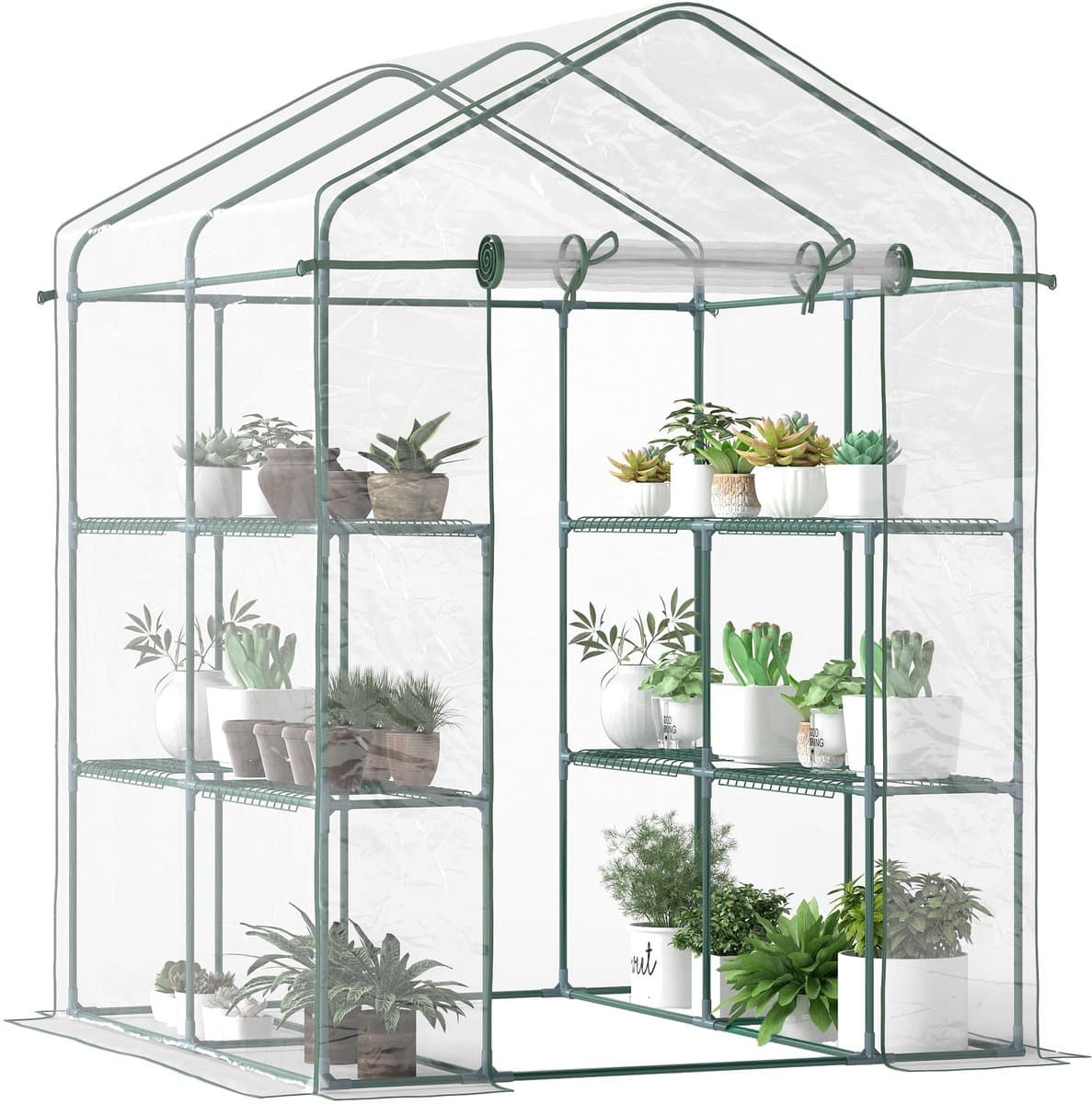 Outsunny-Metall, PVC-Kunststoff-Transparent-143L x 143B x 195H cm-Foliengewächshaus