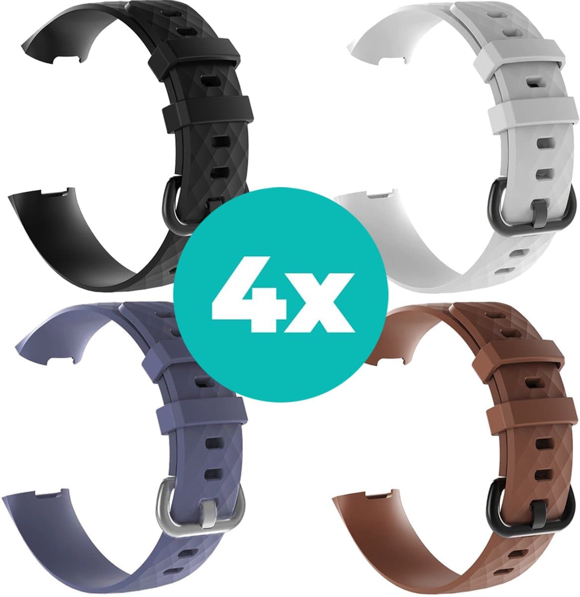 Siliconen bandjes geschikt voor Fitbit Charge 4 bandje - Bundel van 4 bandjes - Sport bandje Geschikt voor Fitbit Charge 3 bandje - Set bandjes 4x Zwart - Grijsblauw - Bruin - Wit - Maat M/L (Large)