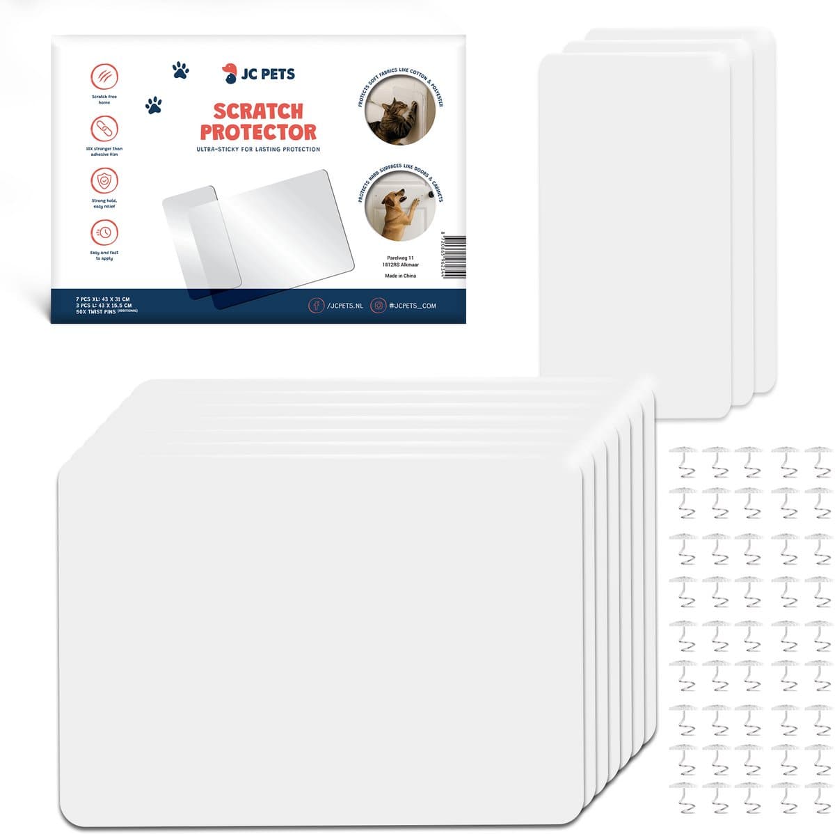 JC Pets Anti Krab Vellen voor Kat en Hond - Meubelbescherming katten - bankbescherming honden - 7 XL + 3 L Vellen – 43 x 31 cm & 43 x 15.5 cm - Met 50 optionele Twistpins – Transparant