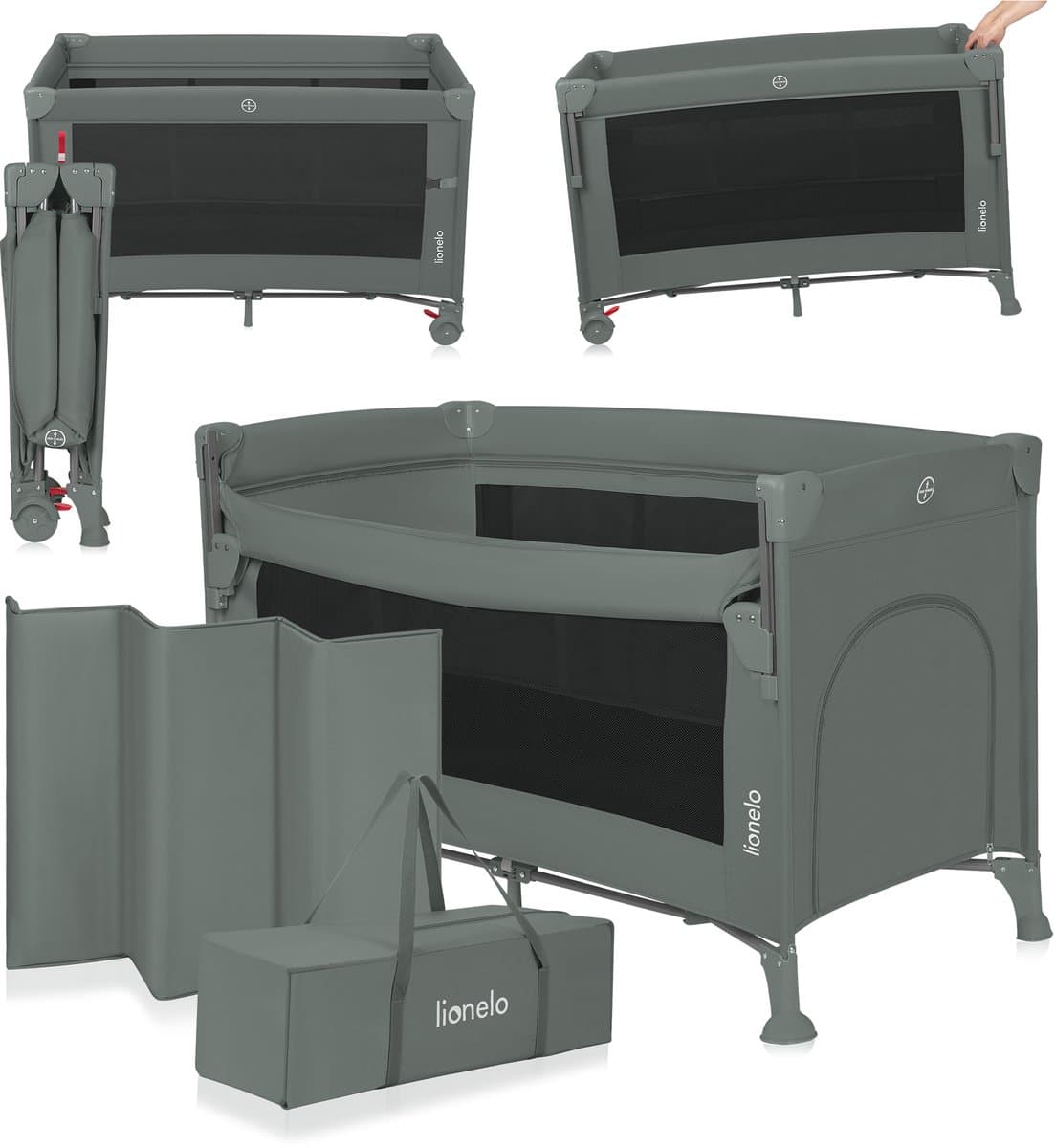 Lionelo Ellen Reisbedje 3 in 1 – Aanschuifbedje, Baby- & Peuterbed - Co-Sleeper – Campingbed – 2 Matrasposities – Opvouwbaar – Wieltjes met Rem – Inclusief Draagtas – Tot 15 kg