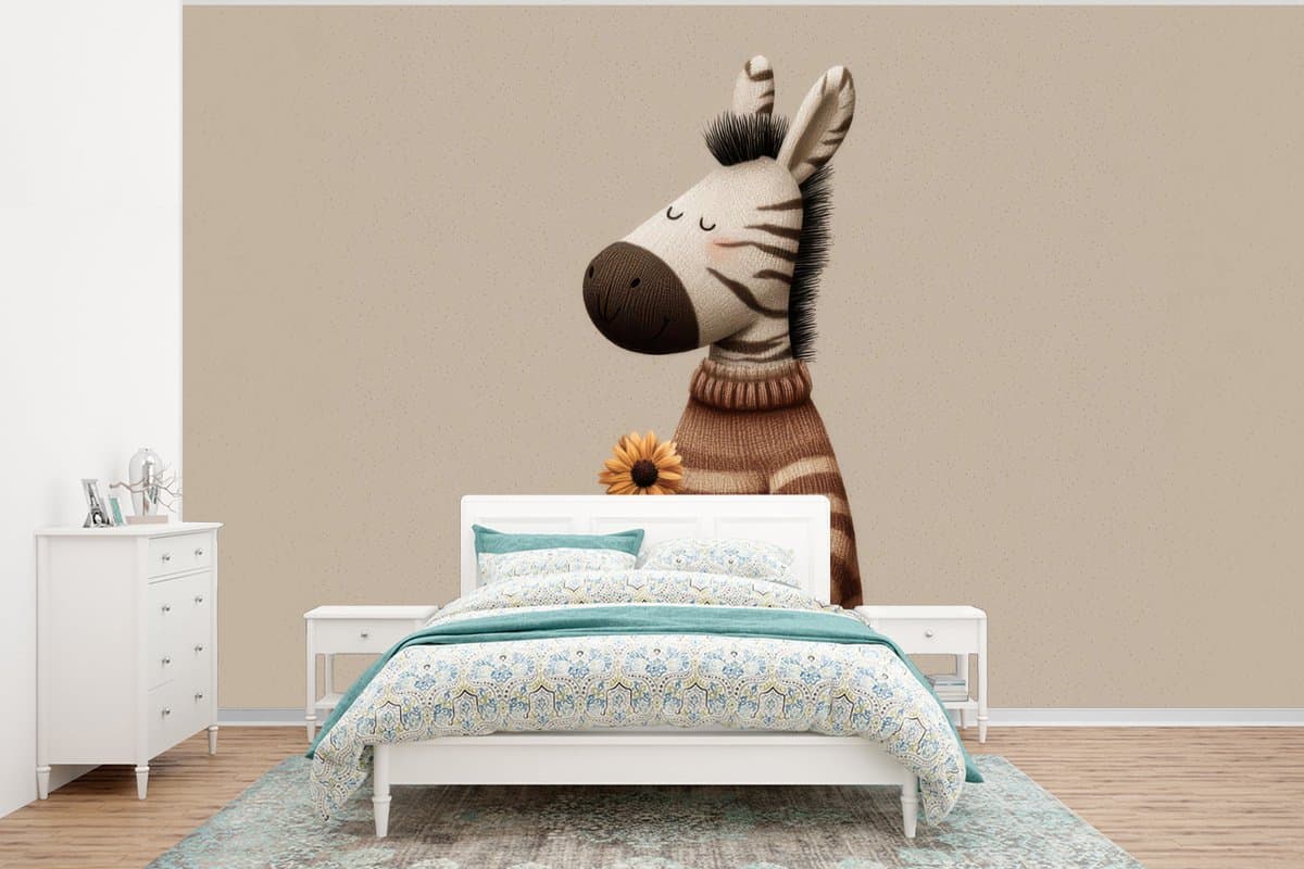 Behang - Fotobehang Zebra - Zonnebloemen - Warm - Breedte 350 cm x hoogte 260 cm