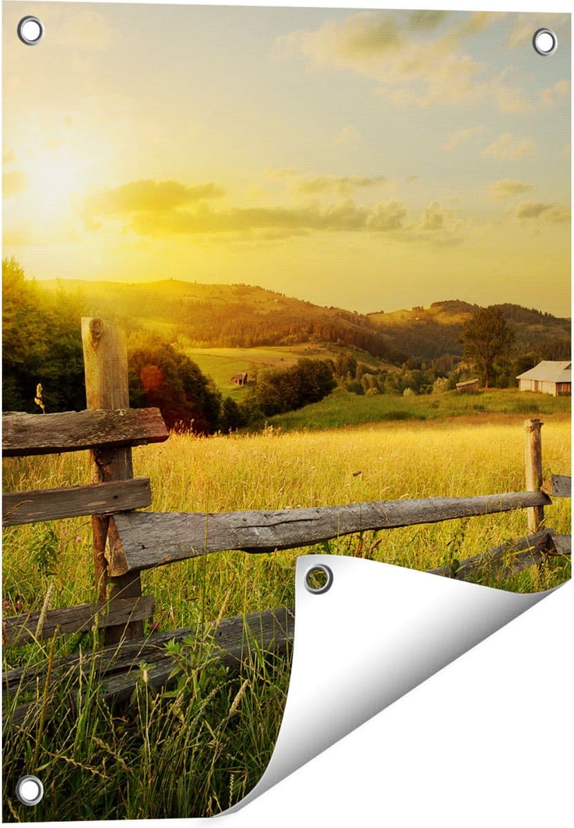 Gards Tuinposter Boerderij Hekken op het Grasveld - 40x50 cm - Tuindoek - Tuindecoratie - Wanddecoratie buiten - Tuinschilderij
