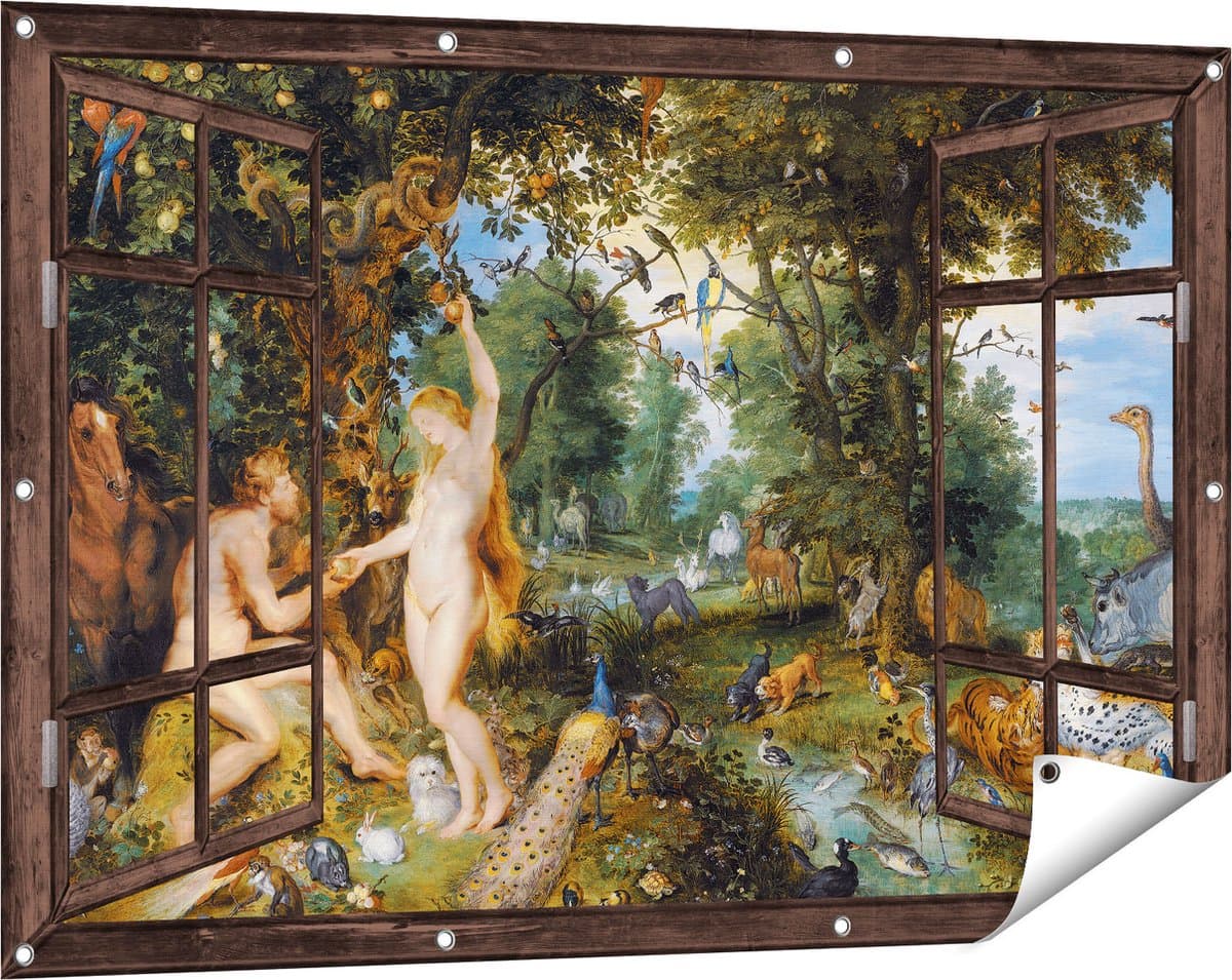 Gards Tuinposter Doorkijk Het Aardse Paradijs met de Zondeval van Adam en Eva - Jan Brueghel - 120x80 cm - Tuindoek - Tuindecoratie - Wanddecoratie buiten - Tuinschilderij