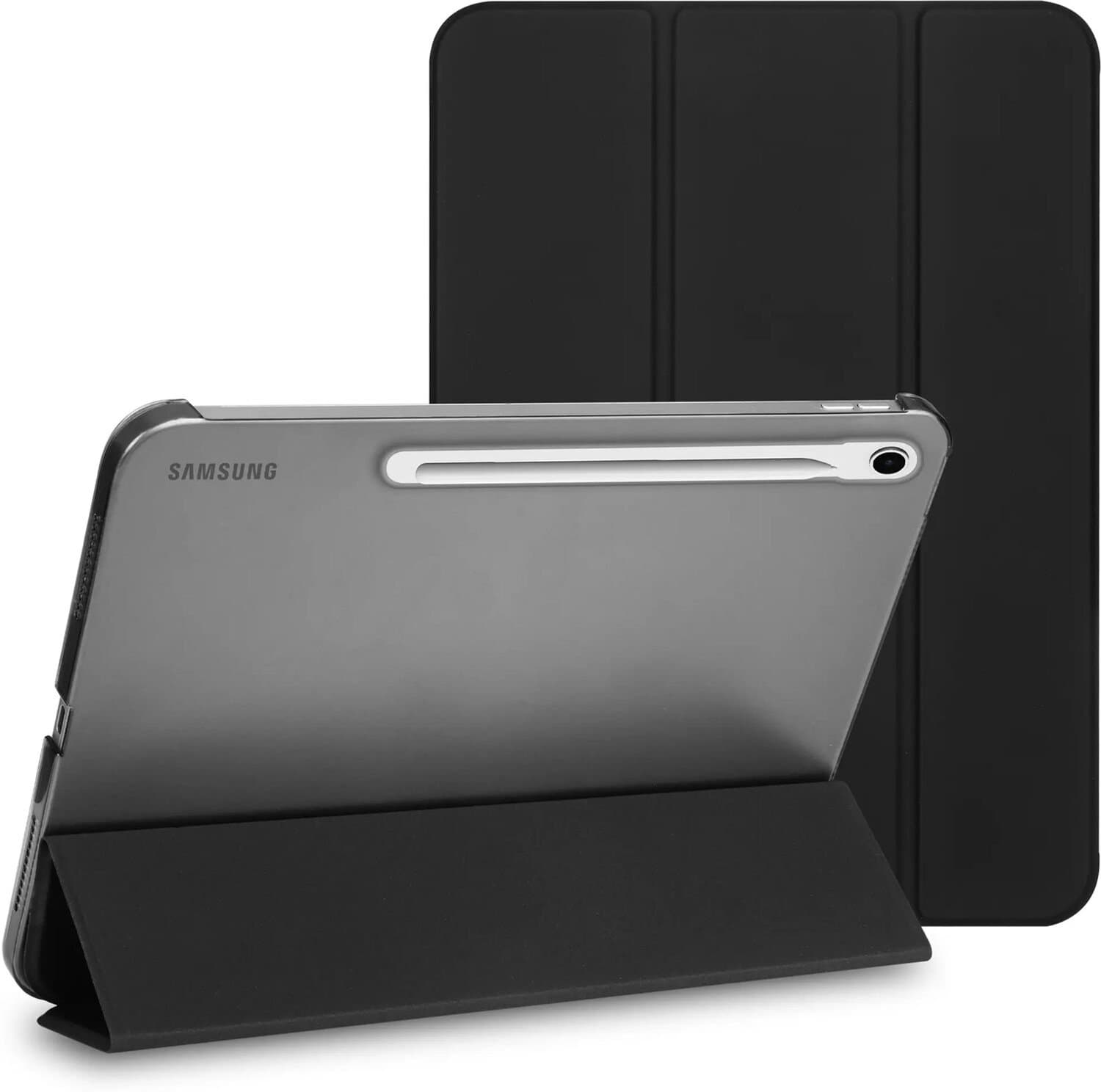 Hoes geschikt voor Samsung Tab S10 Lite / S10 FE / S9 FE - Zwart - Transparante Tri-Fold Book Case - Met standaard - Sleep/wake functie