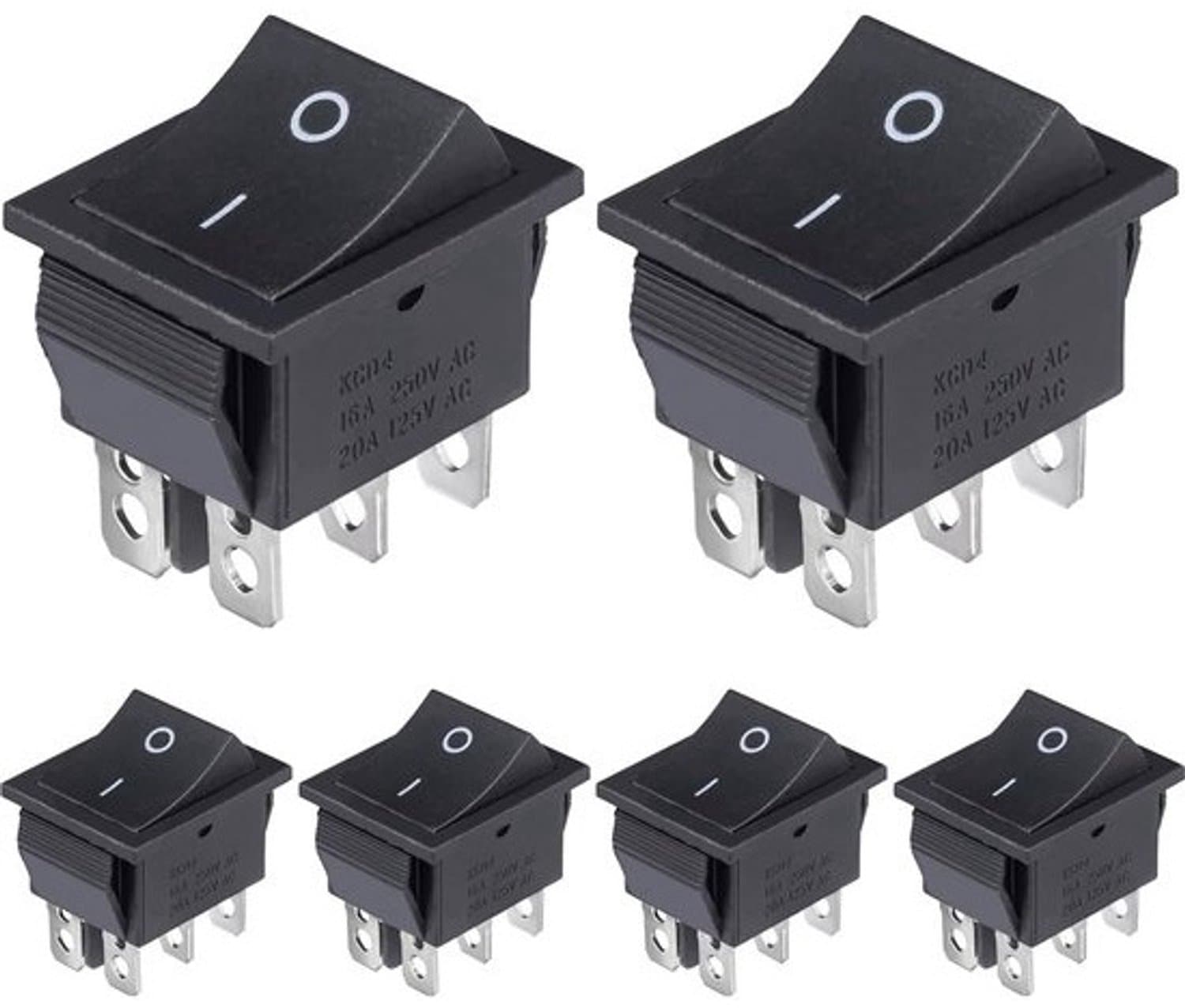 Set van 6 zwarte tuimelschakelaars - DPDT aan/uit - rechthoekig voor inbouw
