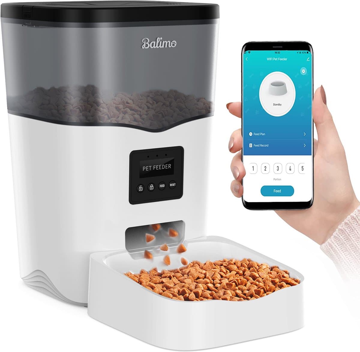Balimo Automatische voerbak kat en hond 3L - Voerautomaat kat - Wifi Model - met Timer - Wit