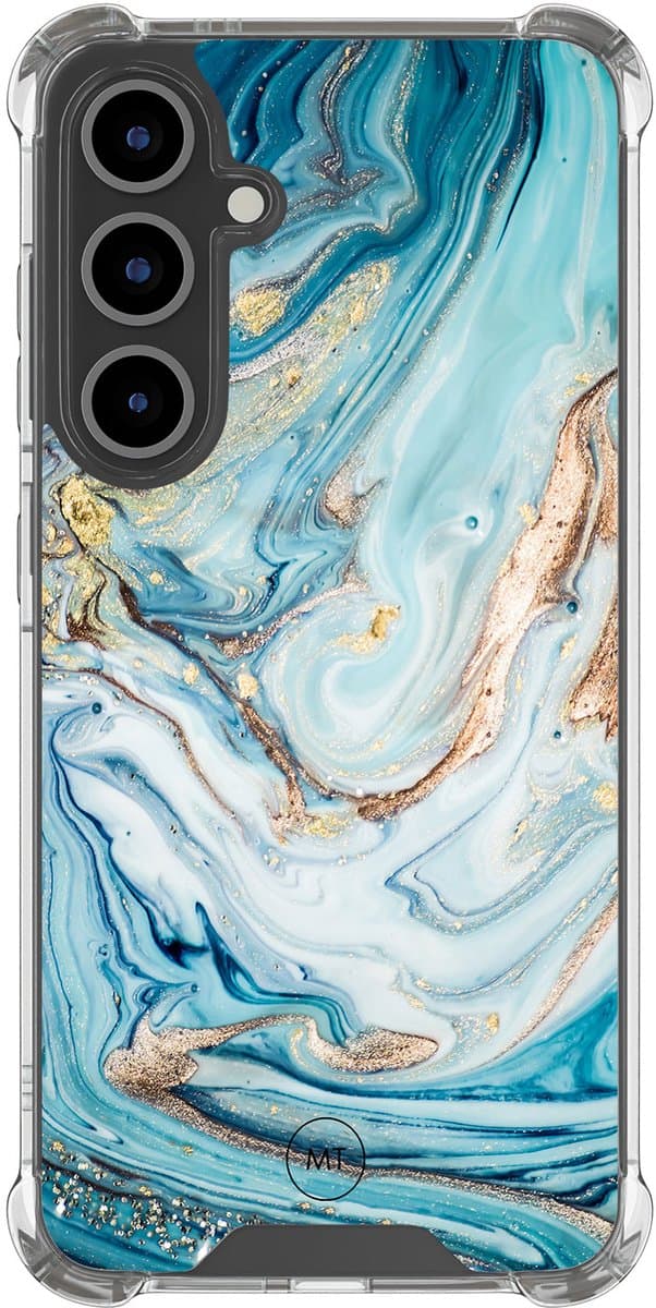 Hoesje (shockproof) geschikt voor Samsung Galaxy S25 FE - Marmer blauw goud - Extra sterke case - TPU/polycarbonaat - - Multi, Transparant