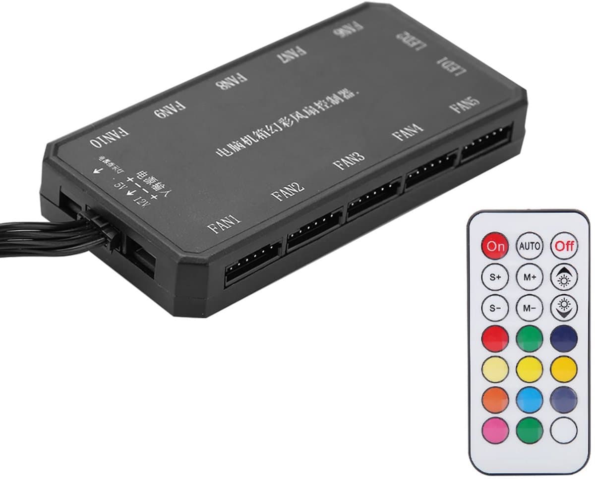 12-poorts Geïntegreerde Ventilatorhub, Die Tot 10 Ventilatoren van Stroom Voorziet, RGB-ventilatoren en LED-stripcontroller met Afstandsbediening, 15 M RF Draadloze Bediening