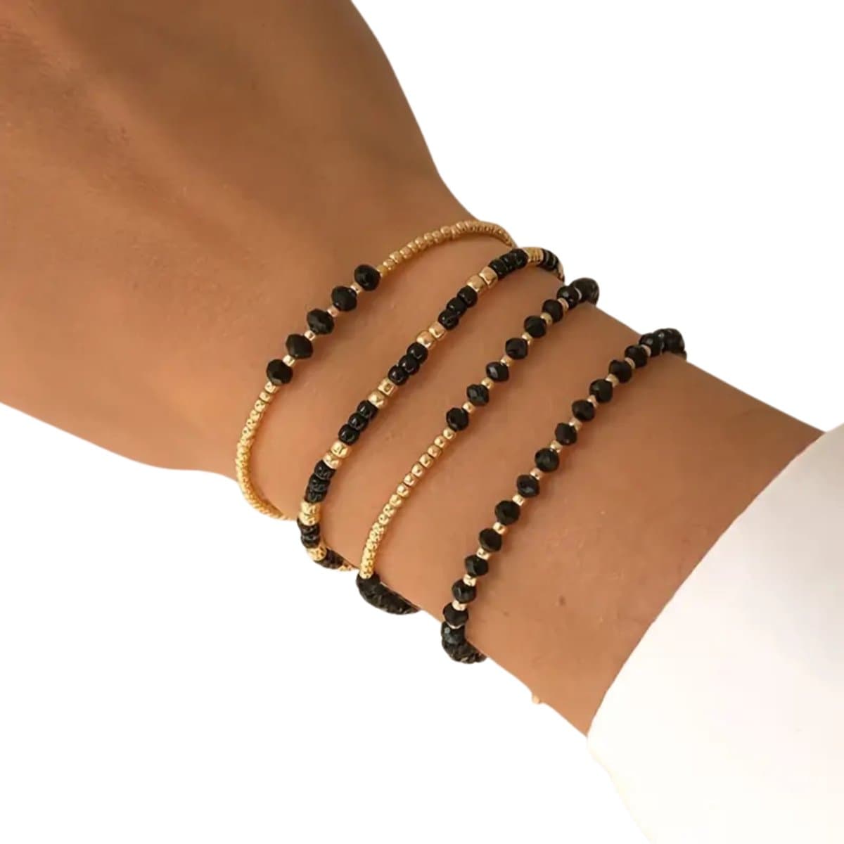 4-Delige Dames Armbanden Set - Zwart & Goudkleurig - Modieuze Boho Kralenarmbanden - Handgemaakt & Elastisch - Stijlvolle Polsaccessoires voor Elke Gelegenheid - Trendy Sieraden Cadeau voor Vrouw, Zus of Vriendin