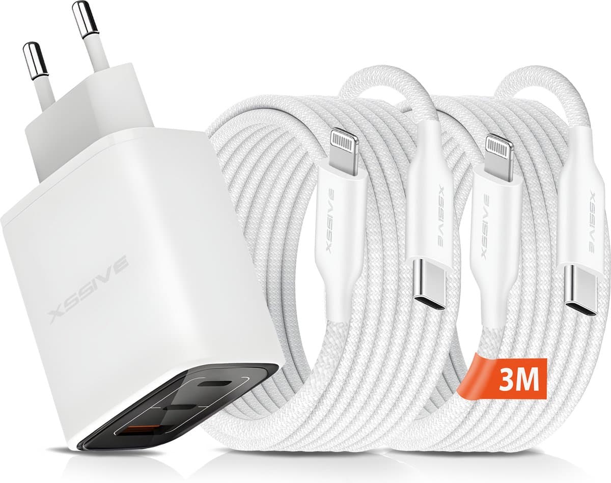Snel Oplader met 2x USB C naar Lightning Kabels 3 Meter - 3 Poorten USB-C Adapter - Geschikt voor Apple iPhone 14 13 12 11 10 8 7 en iPad 2017 2018 2019 2020 2021 Snellader