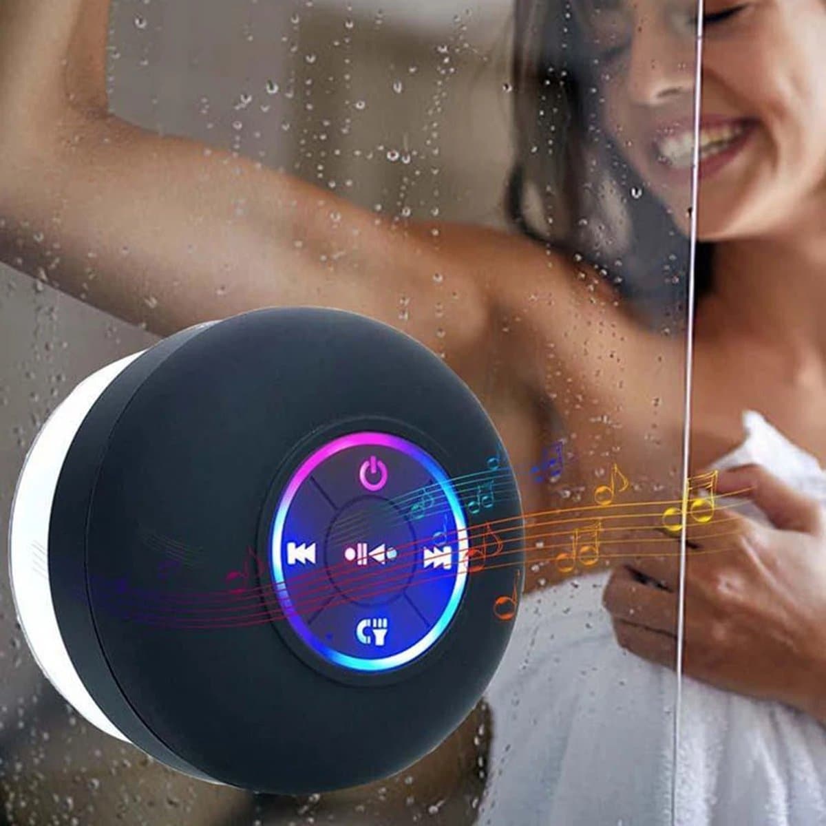 Zwarte Waterdichte LED Bluetooth Douche Luidspreker / speaker met Zuignap - USB Oplaadbaar - Geschikt voor Smartphone, Tablet en PC - IPX-4