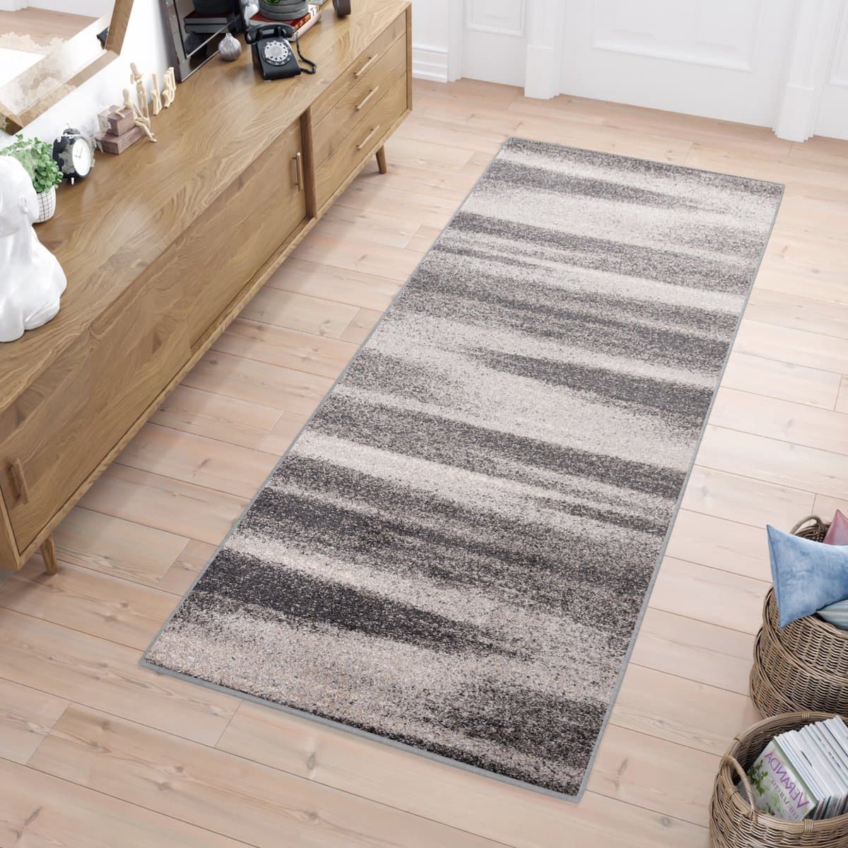 Tapiso Sari Tapijt Loper Grijs Gestreept Woonkamer Hal Slaapkamer Maat- 70x650