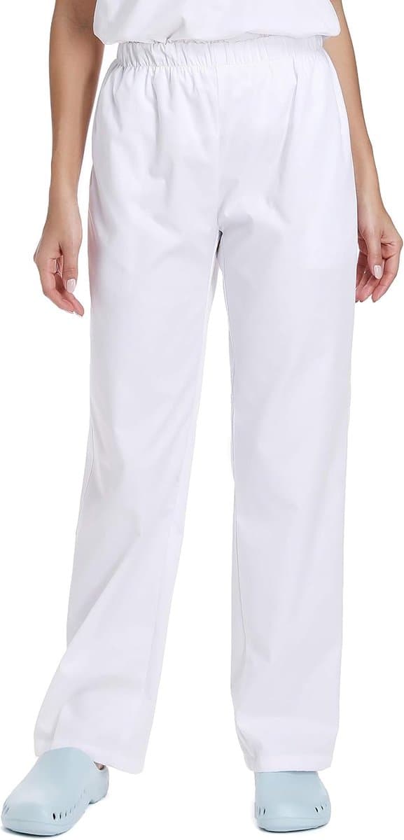 OP-broek voor dames, witte slipbroek, uniformbroek, taillebroek van katoen met elastische tailleband, professionele materialen, wit, S