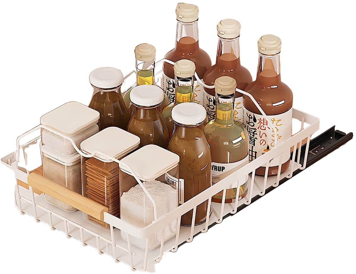 Uittrekbaar Kastrek 2 Bars 1PC - Schuiflade design met Mesh Mand, Geen Boor Nodig - voor keuken, badkamer en slaapkamer - Wit Metaal - Zwart
