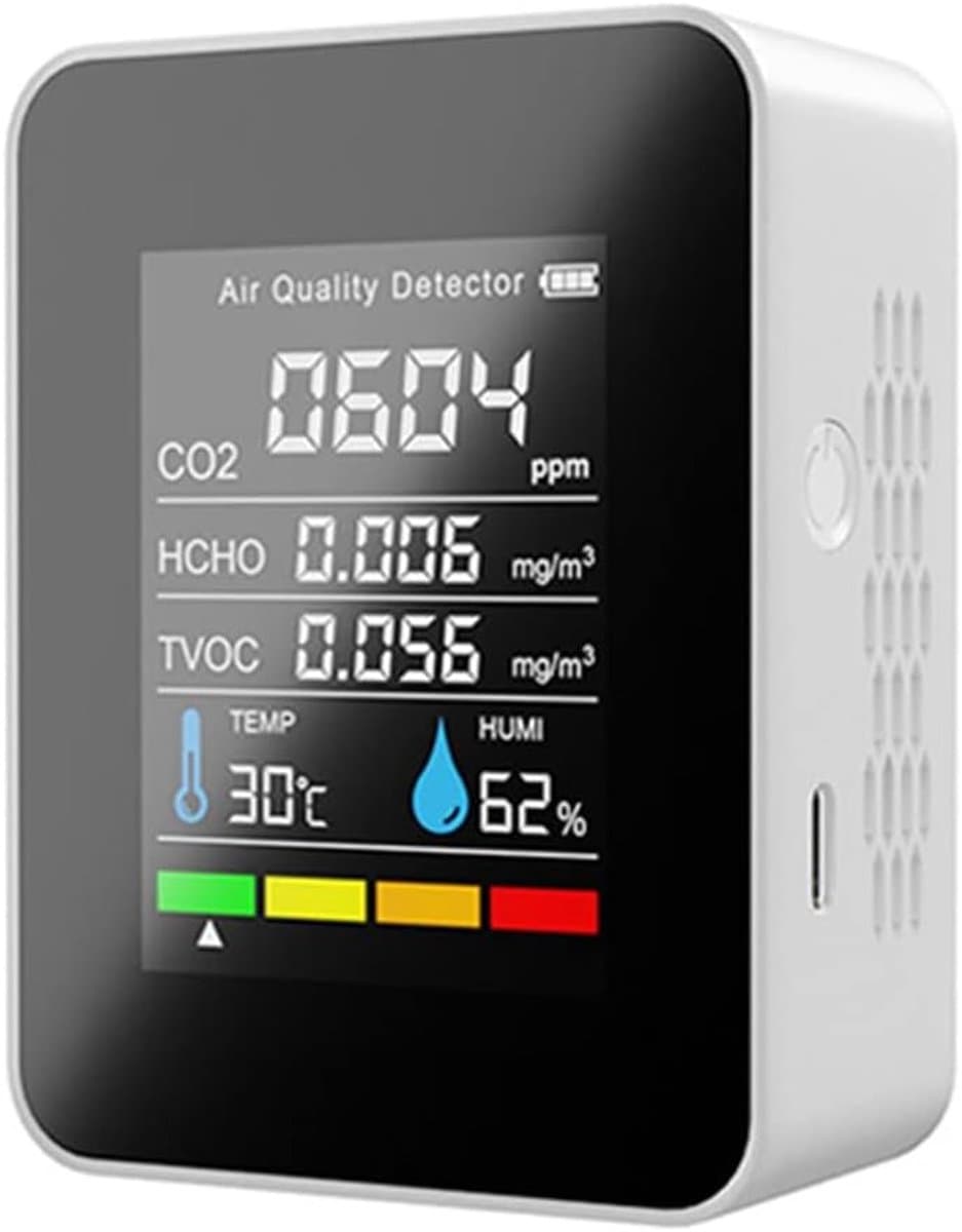 Luchtkwaliteit Monitor - CO2 Detector - Binnenklimaat Meten - 5-in-1 Functies - 208.5 Gram - Wit