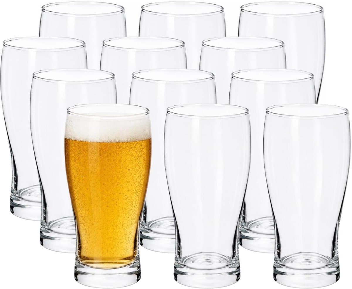 Excellent Houseware Bierglazen - set 12x - 550 ml - half hoog model - glas - 8 x 15 cm - Pils - helder transparant