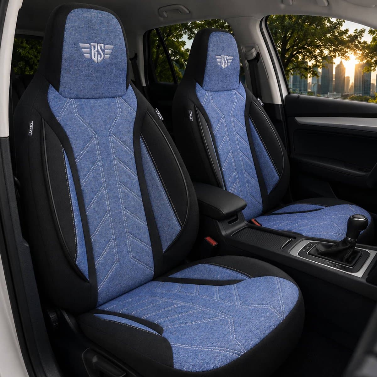 Autostoelhoezen voor VW Caddy BJ 2003-10 – Stoelhoezen voor bestuurder en passagier in Zwart/Blauw
