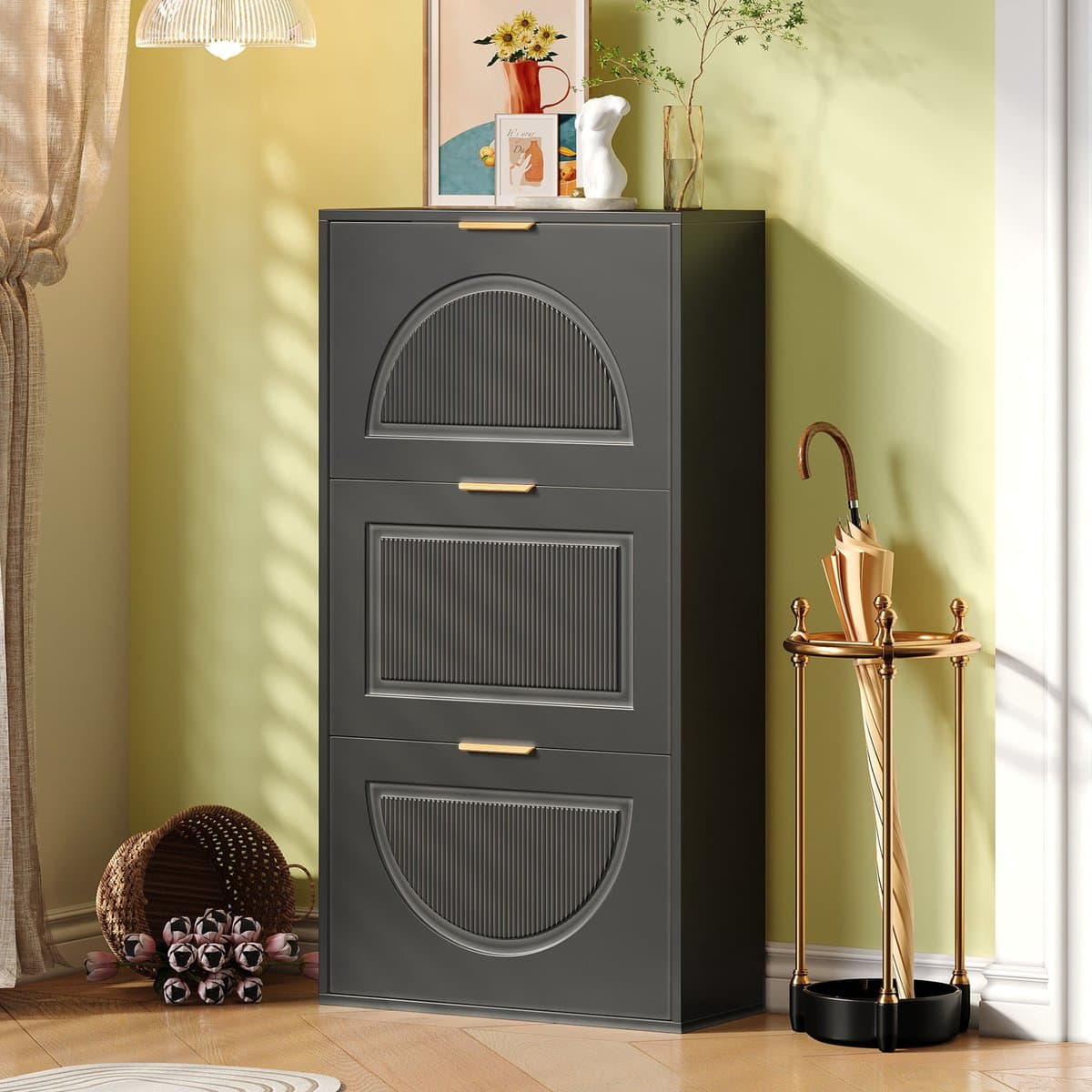 MEUNIQ Schoenenkast met 3 kleppen 60 x 24 x 114 cm staande smalle schoenkast voor hal of woonkamer met kiepdeuren en kantelbeveiliging zwart