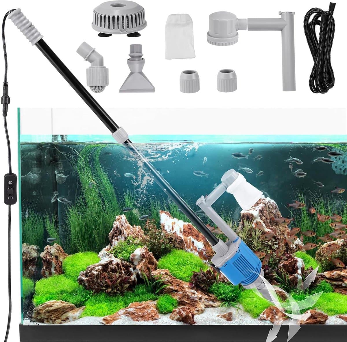 Aquarium Grindreiniger - Waterwisselaar Stofzuiger - Aquarium Onderhoud - 6-in-1 Multifunctioneel - 1700 L/U Debiet - Zwart