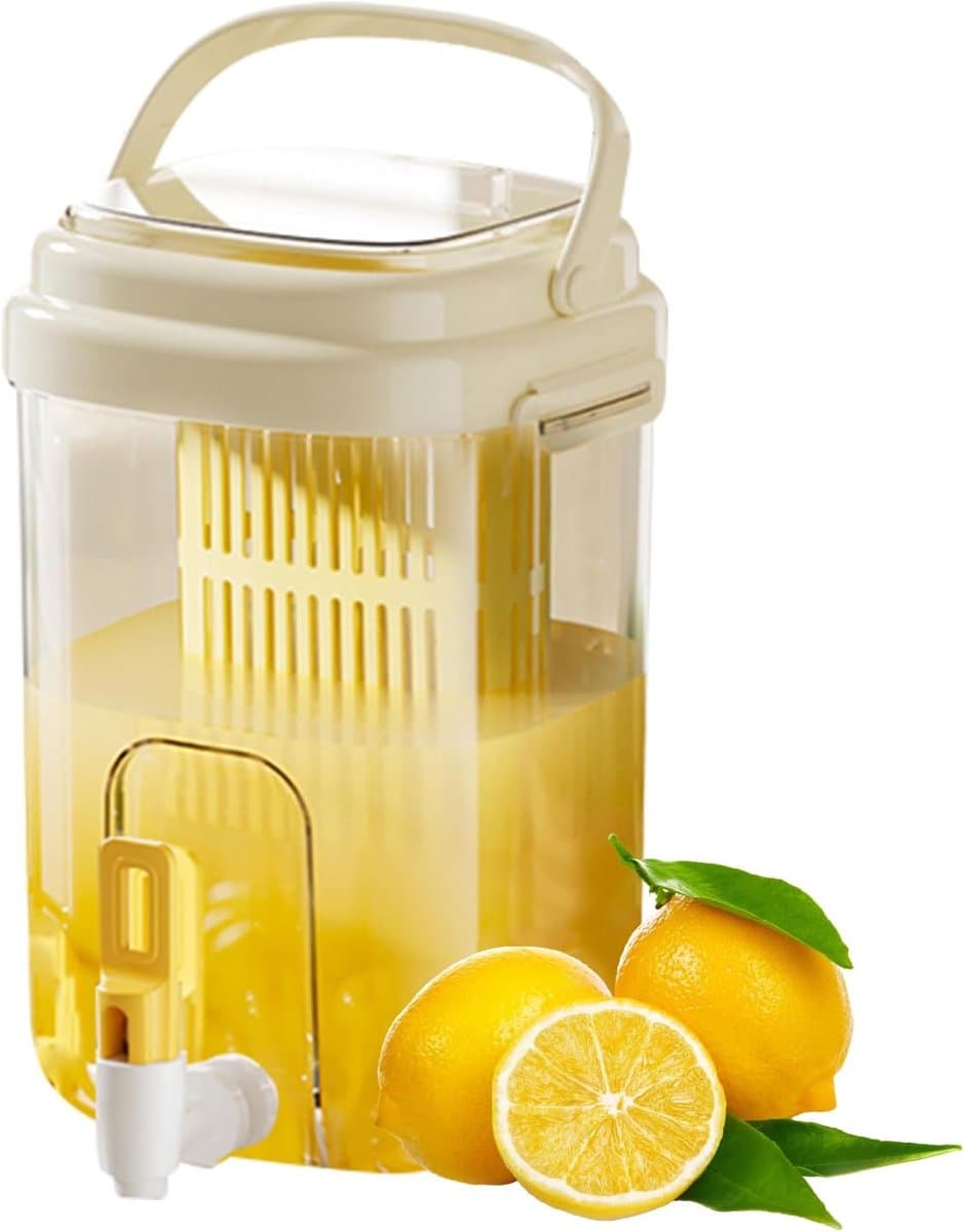 Casalora Waterkan 2L met Kraan – BPA Vrije Koelkast Waterdispenser met Fruitfilter en Handvat – Koude Drankkan voor Sap, Ijsthee en Citroenwater – Geel