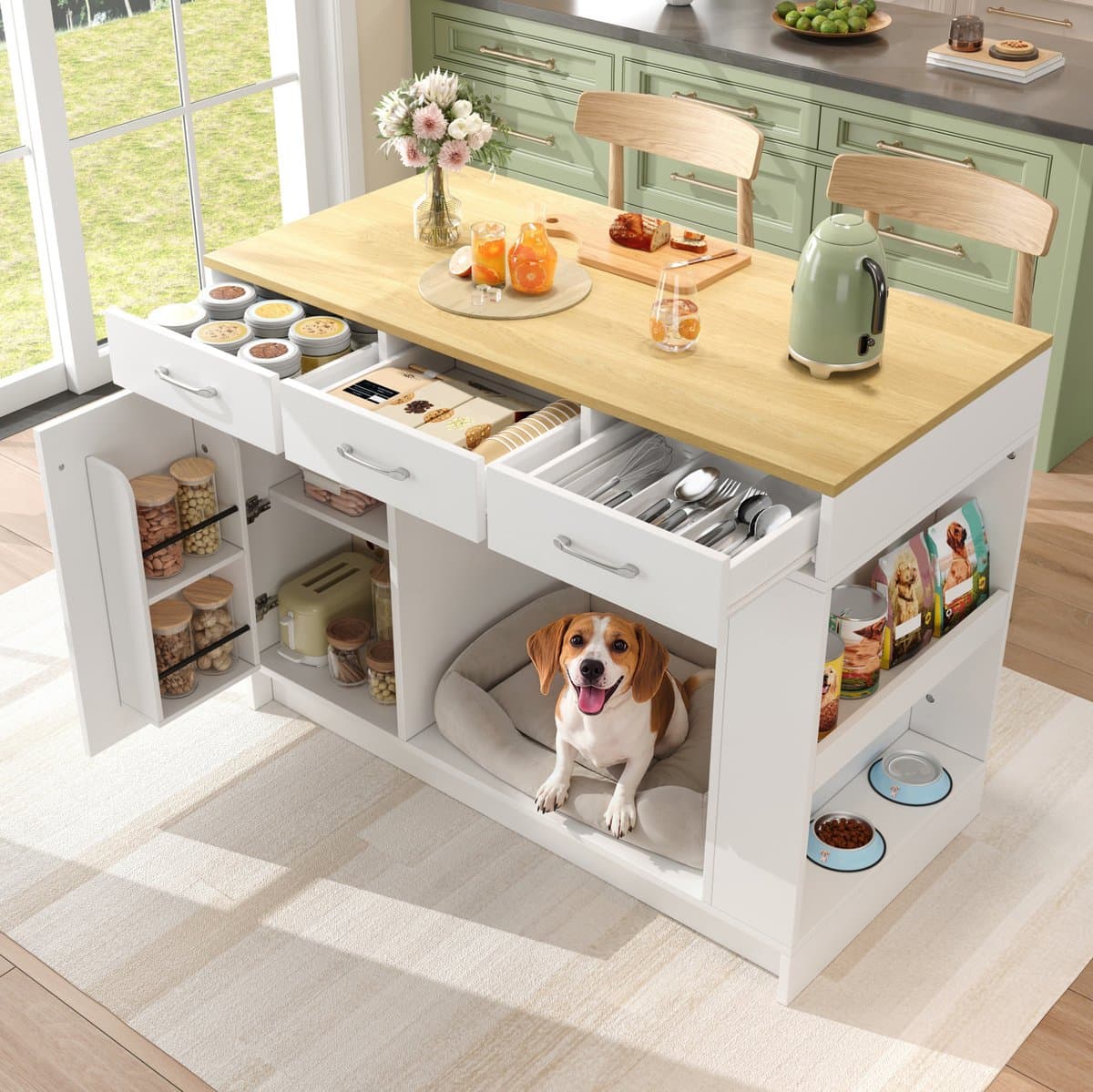 Wishdor Keukeneiland - Keukenwagen met 3 lades, kruidenrek en verstelbare plank - Huisdiervriendelijk met opbergkast en dubbele plank - MDF - Wit - 120 x 60 x 90 cm