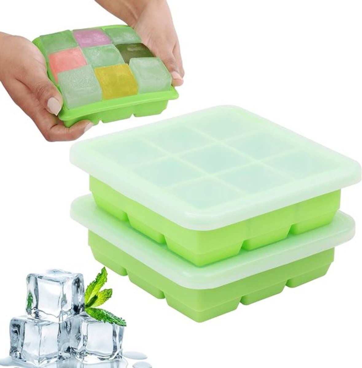 - Voedsel Opbergbakjes - Invriezen - Transparant Deksel - Stapelbaar - Siliconen - 2-pack - 9x 30ml Capaciteit - Geschikt voor Vriezer - Kubusvormig.