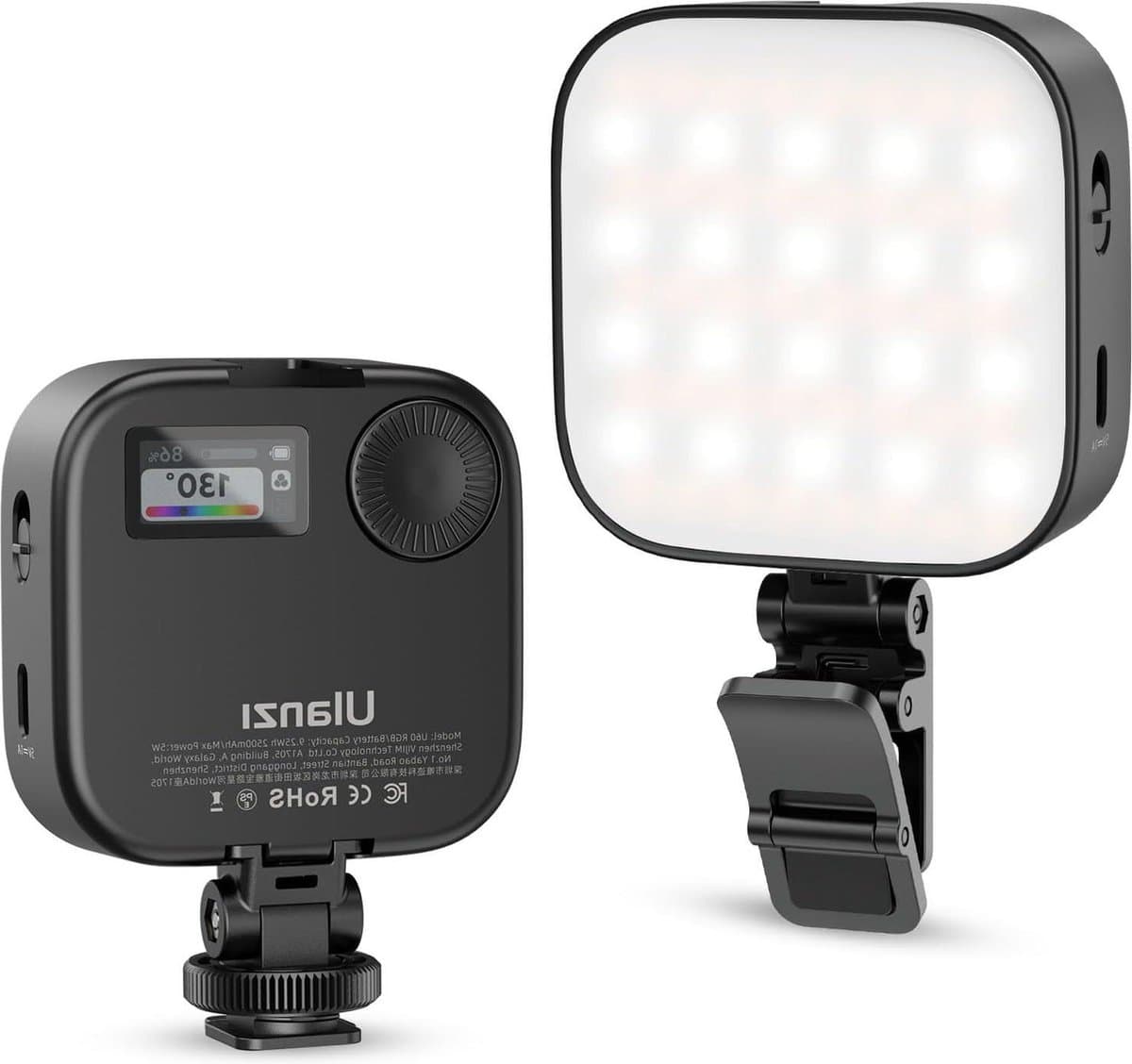 RGB selfielicht met clip - 3 verlichtingsmodi en 18 lichtscènes - dimbaar - 2500 K-9000 K - 2500 mAh - telefoon/tablet