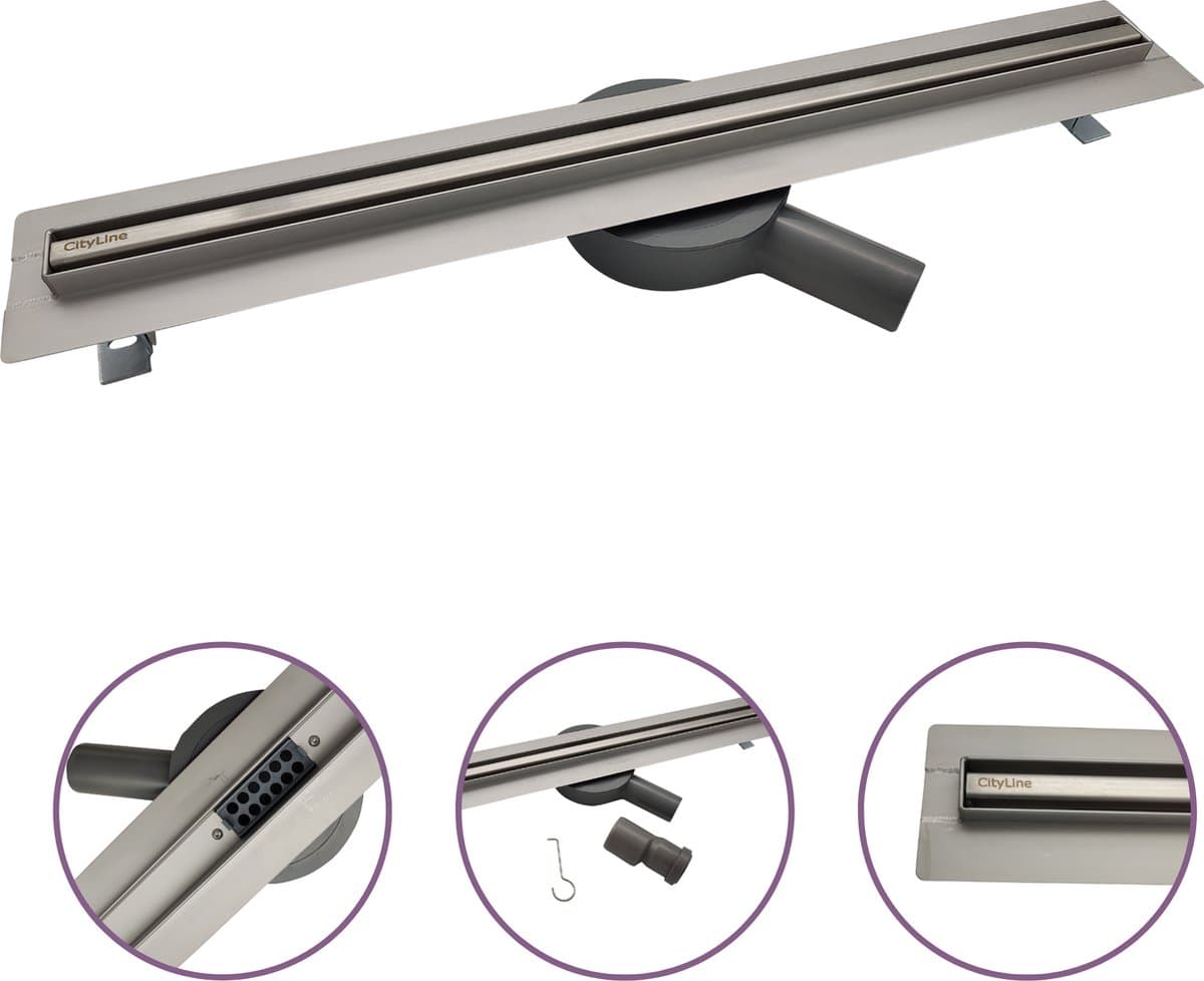 CityLine RVS douchegoot "Line" - 50 cm - Extra smal profiel - Draaibare zijuitloop - Lage inbouwdiepte