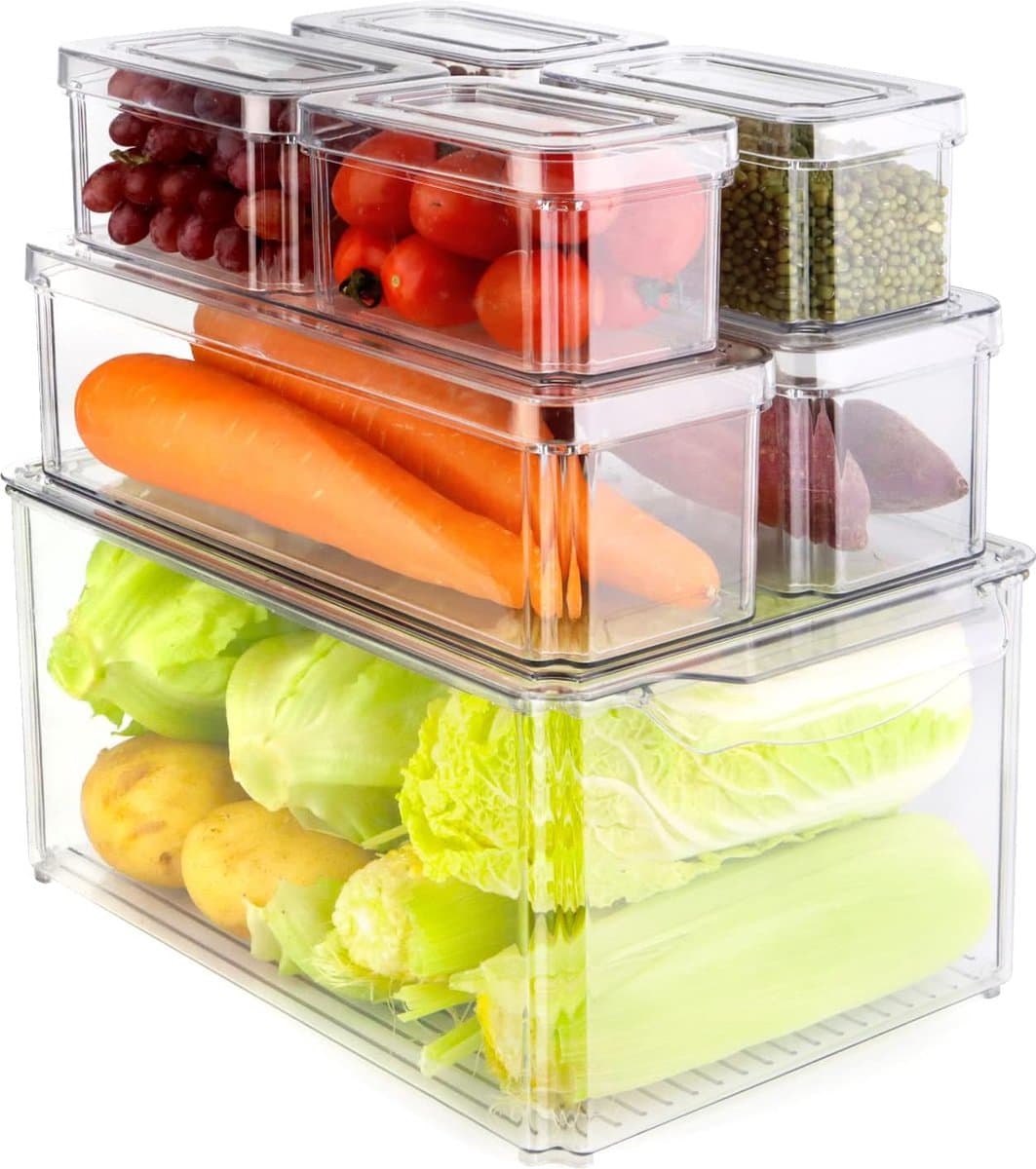 Koelkastorganizer, set van 7, stapelbare opbergdoos, koelkastdozen, containers, keukenorganizer met deksel en handvat voor keukens, koelkast, kasten, planken, badkamer, BPA-vrij