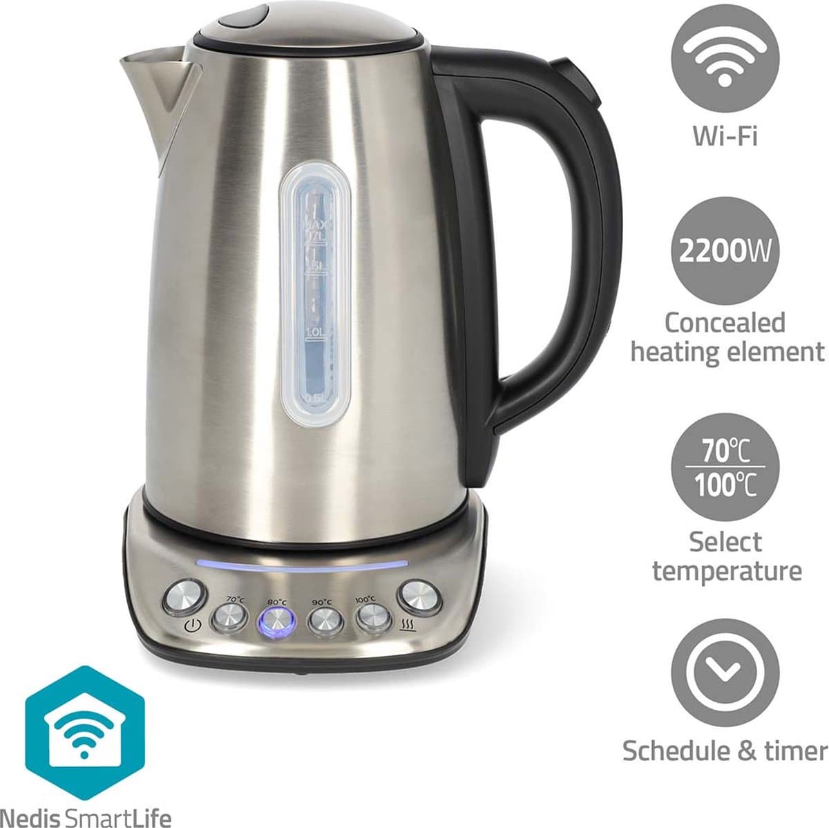 Cecotec Nedis SmartLife elektrische waterkoker | Wi-Fi | 1,7 l | RVS | 70, 80, 90, 100°C | temperatuurindicator | 360° draaibaar | verborgen verwarmingselement | Strix-controller | Android / iOS