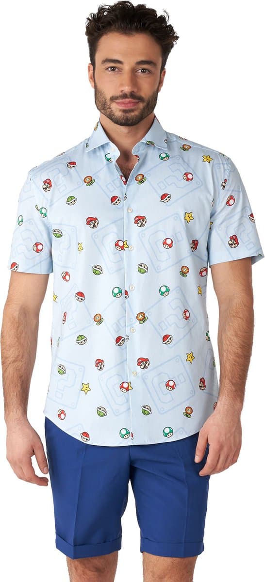 OppoSuits SHIRT Short Sleeve Super Mario Icons - Heren Overhemd - Carnavalskleding - Nintendo Overhemd - Blauw - Maat 4XL