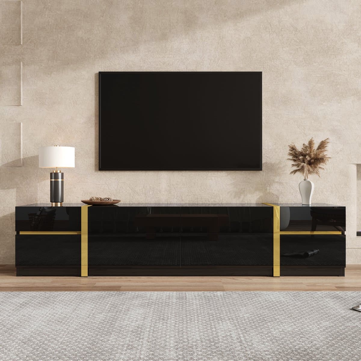 VVBV TV Lowboard met Verstelbaar, Lades - Deuren, Opbergruimte, Voor Woonkamer, Hoogglans - Goud