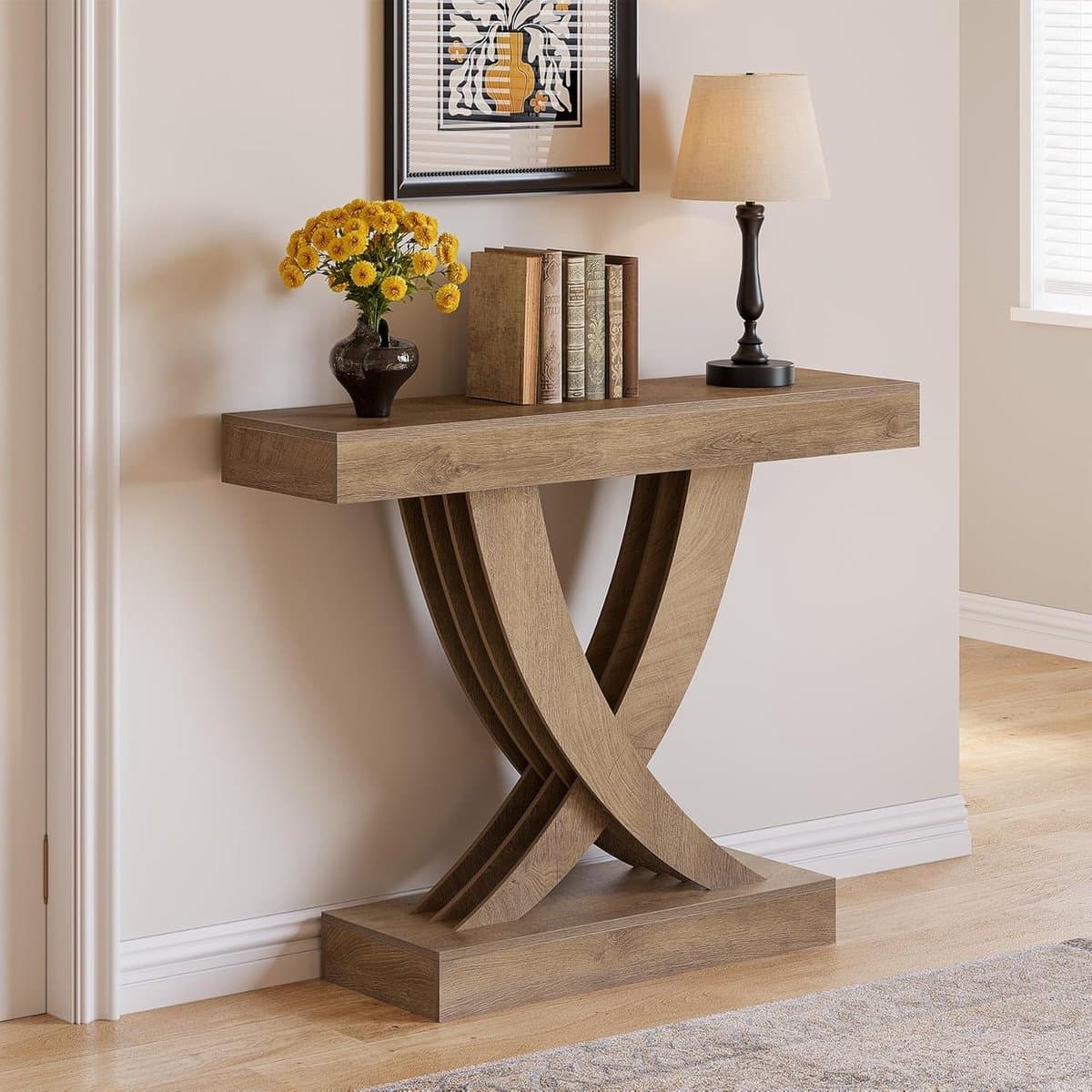 Rustieke Smalle Consoletafel 110x30x85 cm met X-Frame – Houten Haltafel, Sofa Tafel voor Smalle Ruimtes, Entree & Woonkamer